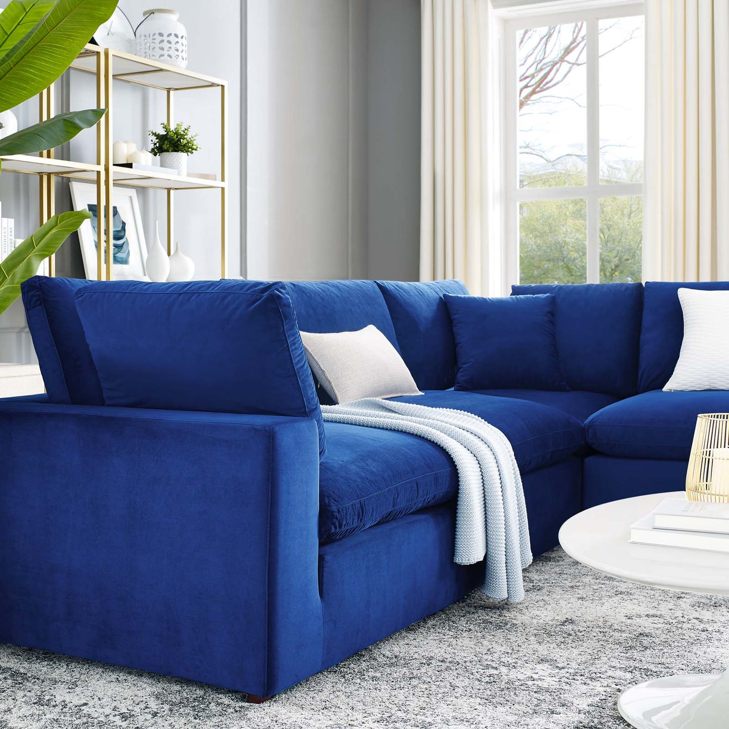 Commix Down Filled Overstuffed Performance Velvet 5-Piece Sectional Sofa, Velvet, Blue Navy, 20613