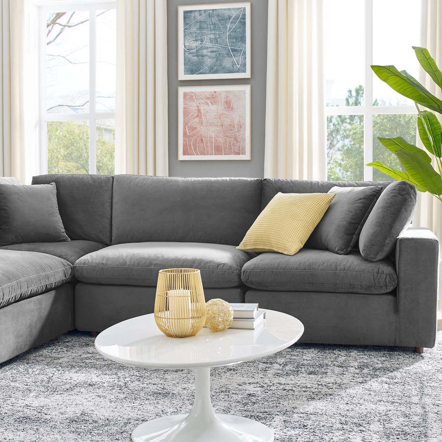 Commix Down Filled Overstuffed Performance Velvet 6-Piece Sectional Sofa, Velvet, Grey Gray, 20618