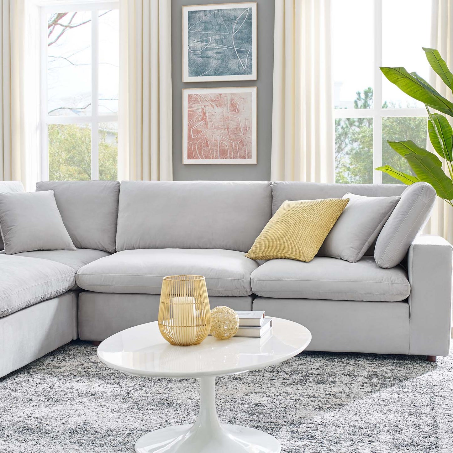 Commix Down Filled Overstuffed Performance Velvet 6-Piece Sectional Sofa, Velvet, Light Grey Gray, 20619