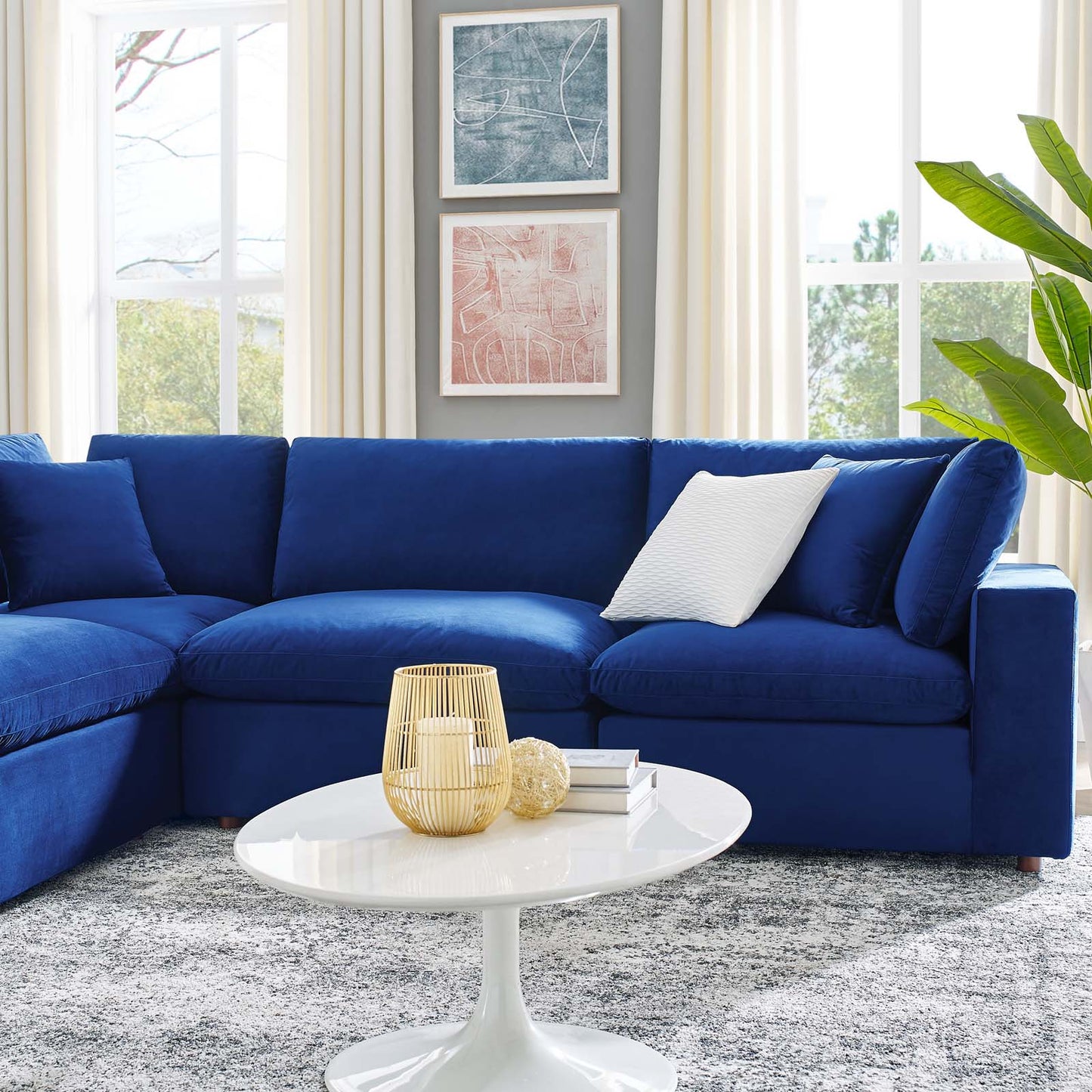 Commix Down Filled Overstuffed Performance Velvet 6-Piece Sectional Sofa, Velvet, Blue Navy, 20620