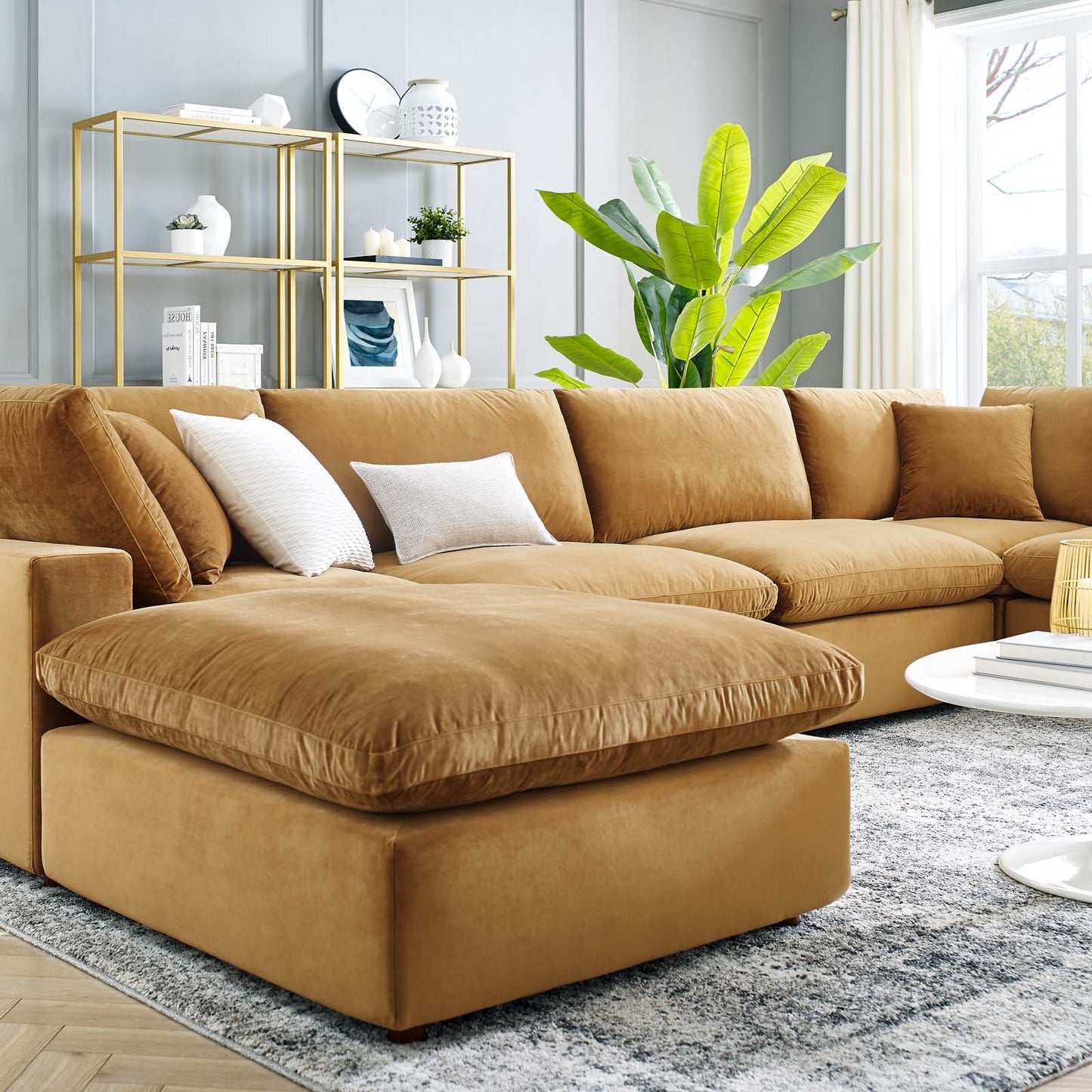 Commix Down Filled Overstuffed Performance Velvet 7-Piece Sectional Sofa, Velvet, Brown, 20622