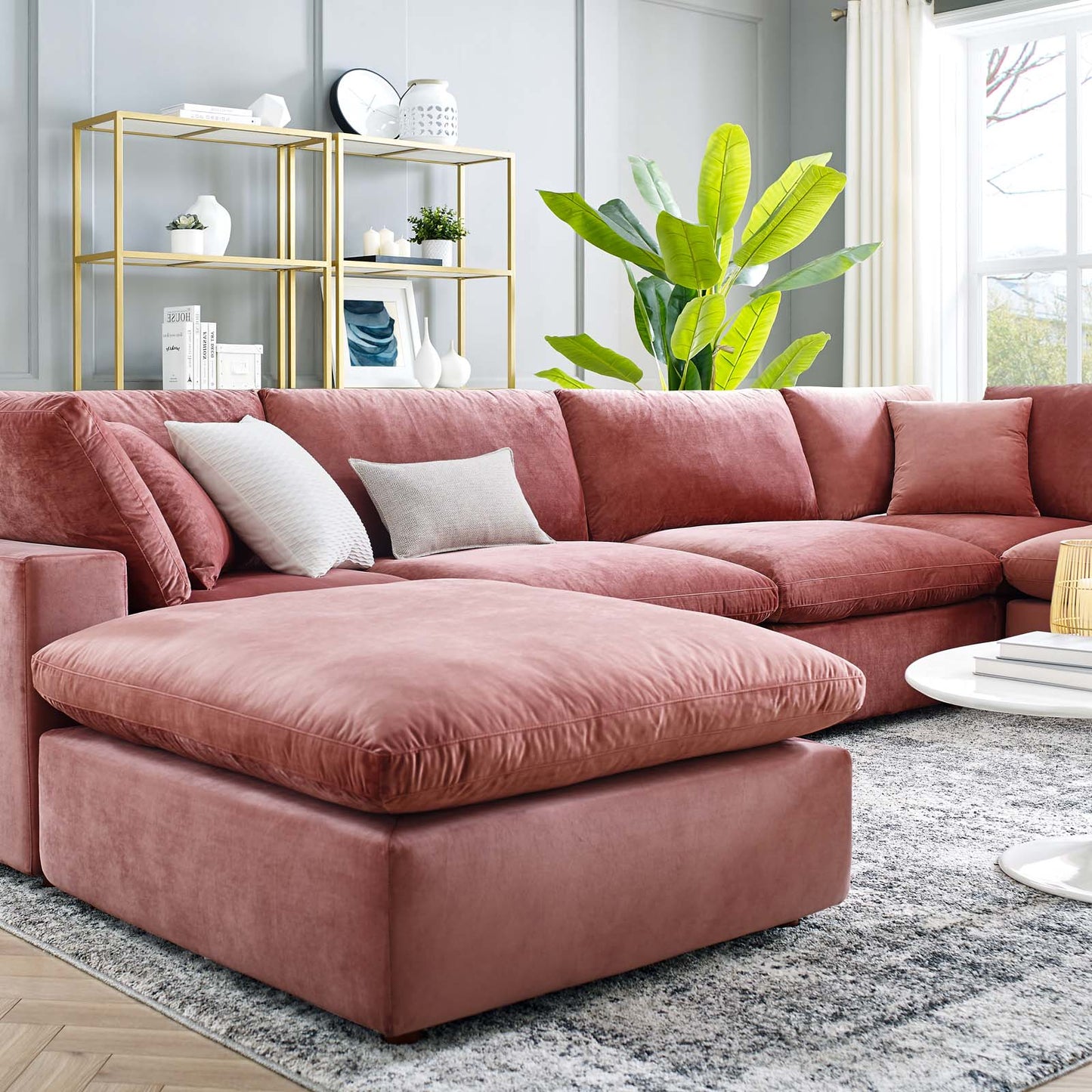 Commix Down Filled Overstuffed Performance Velvet 7-Piece Sectional Sofa, Velvet, Pink, 20623