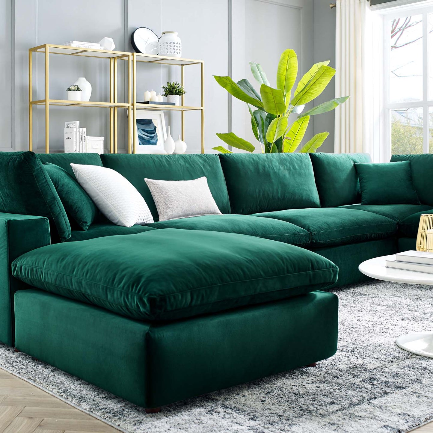 Commix Down Filled Overstuffed Performance Velvet 7-Piece Sectional Sofa, Velvet, Green, 20624