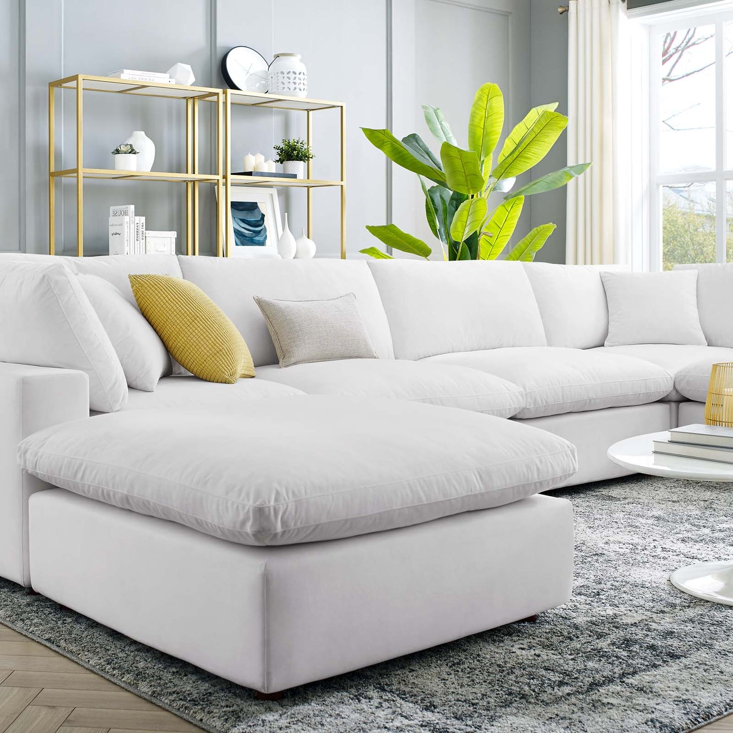 Commix Down Filled Overstuffed Performance Velvet 7-Piece Sectional Sofa, Velvet, White, 20628
