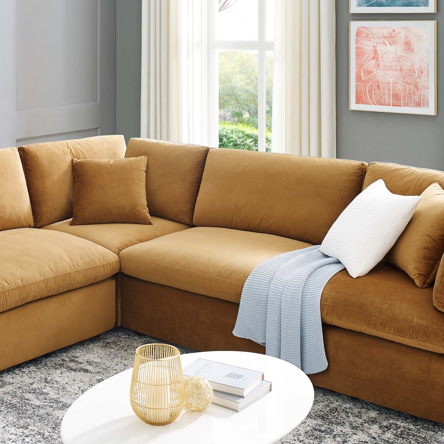 Commix Down Filled Overstuffed Performance Velvet 8-Piece Sectional Sofa, Velvet, Brown, 20629