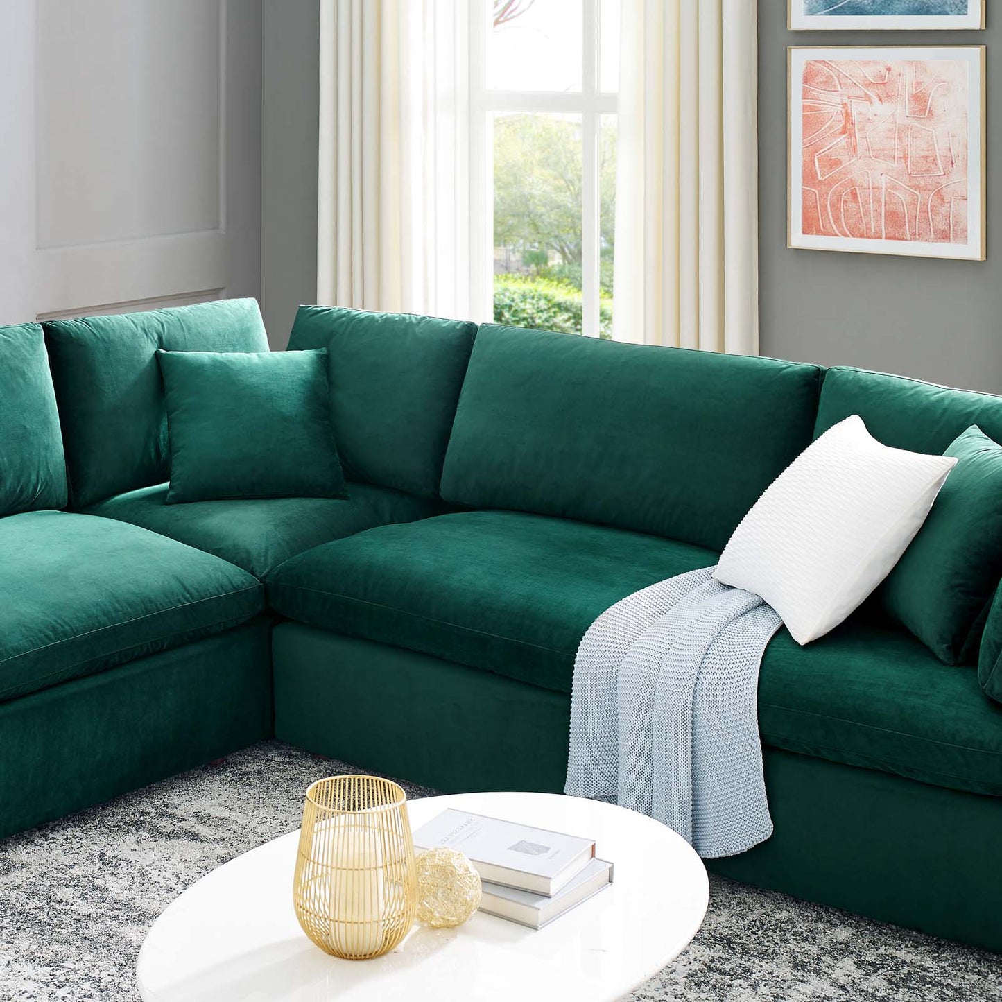 Commix Down Filled Overstuffed Performance Velvet 8-Piece Sectional Sofa, Velvet, Green, 20631