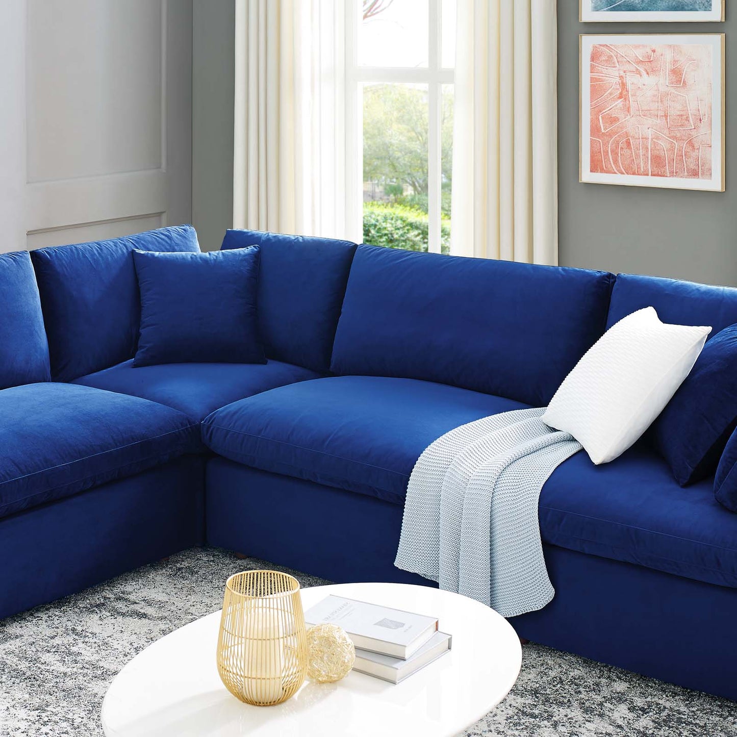 Commix Down Filled Overstuffed Performance Velvet 8-Piece Sectional Sofa, Velvet, Blue Navy, 20634