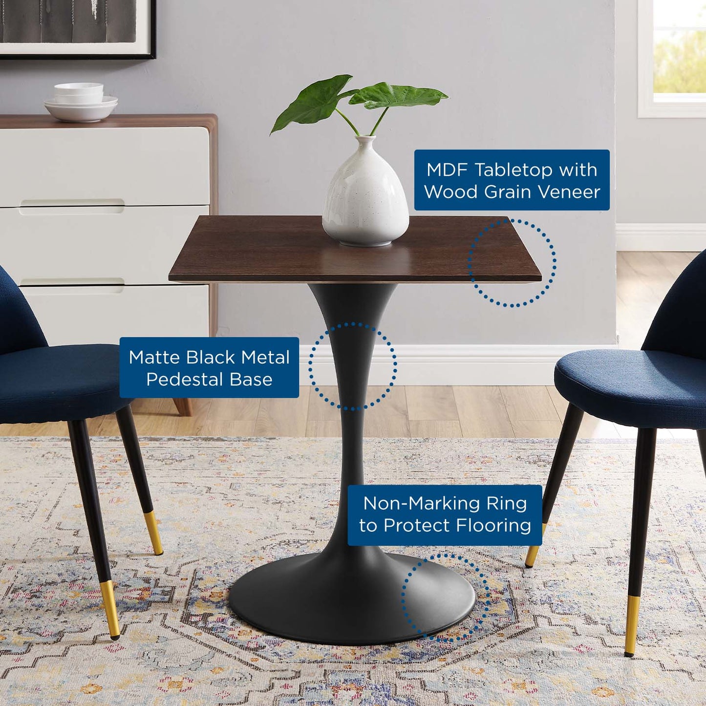 Lippa 28" Wood Square Dining Table, Wood, Black Dark Brown, 20647