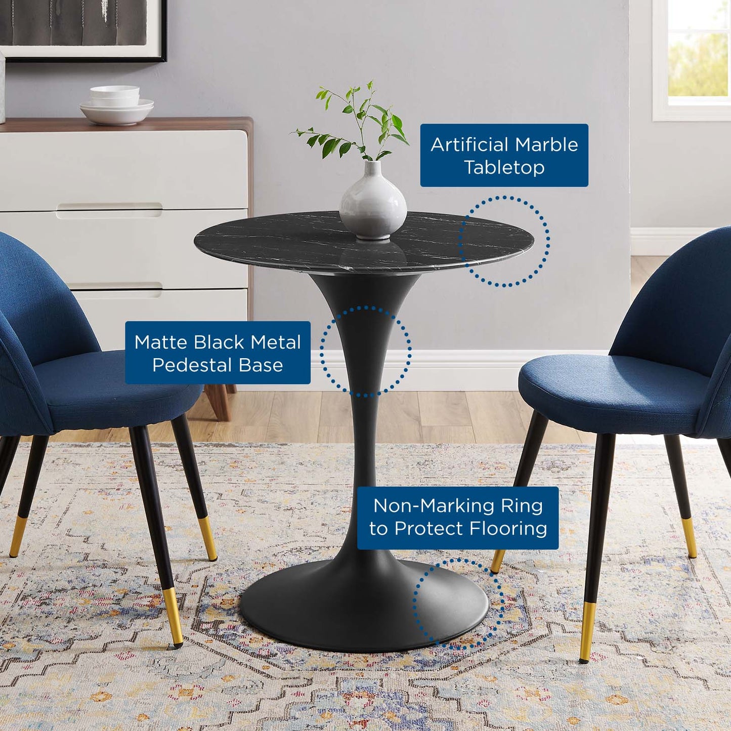 Lippa 28" Artificial Marble Dining Table, Artificial Marble, Metal Steel, Black, 20651