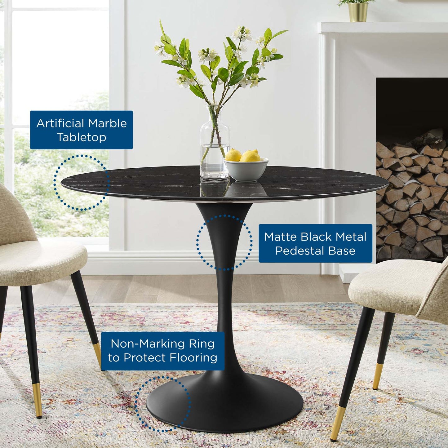 Lippa 42" Artificial Marble Dining Table, Artificial Marble, Metal Steel, Black, 20653