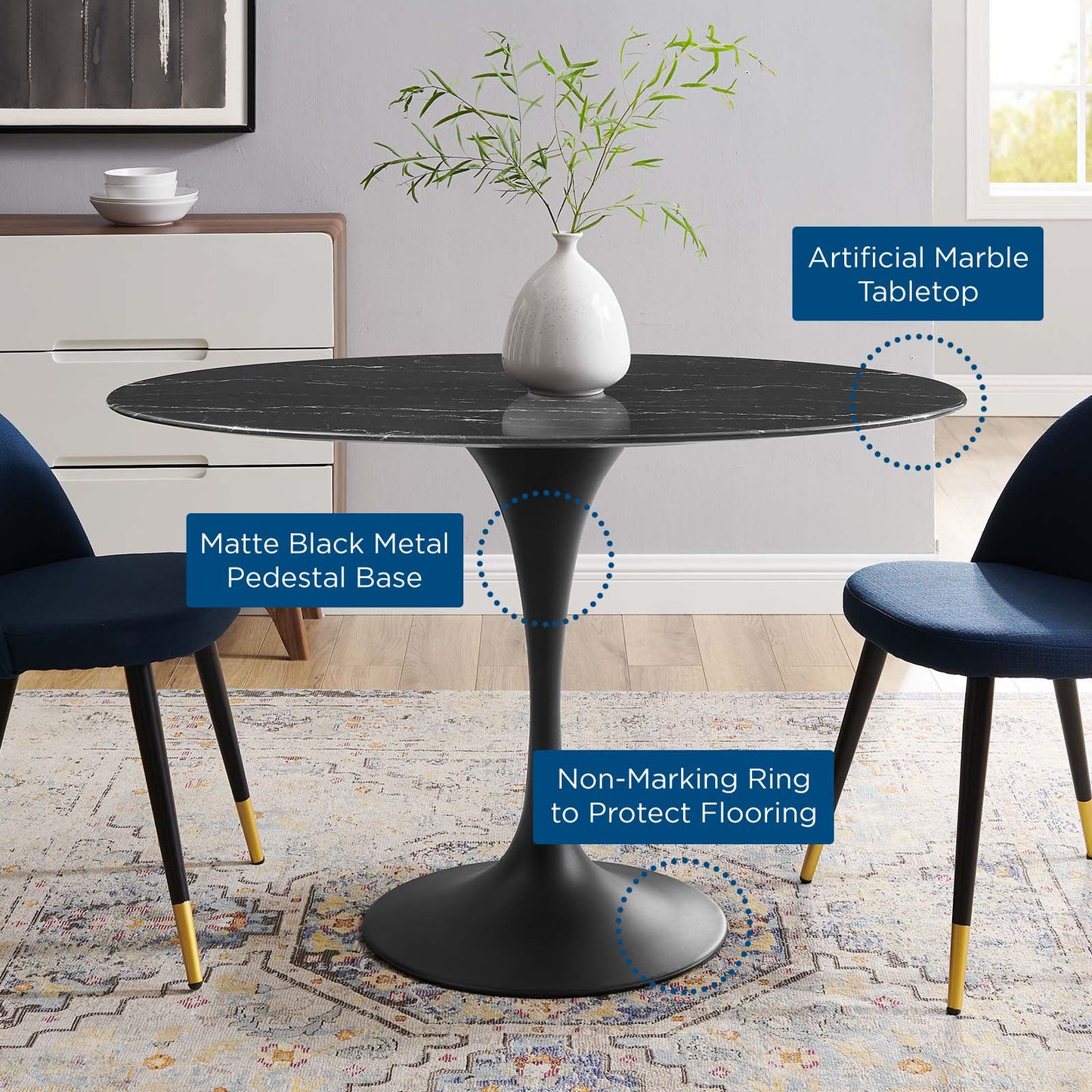 Lippa 48" Artificial Marble Dining Table, Artificial Marble, Metal Steel, Black, 20654