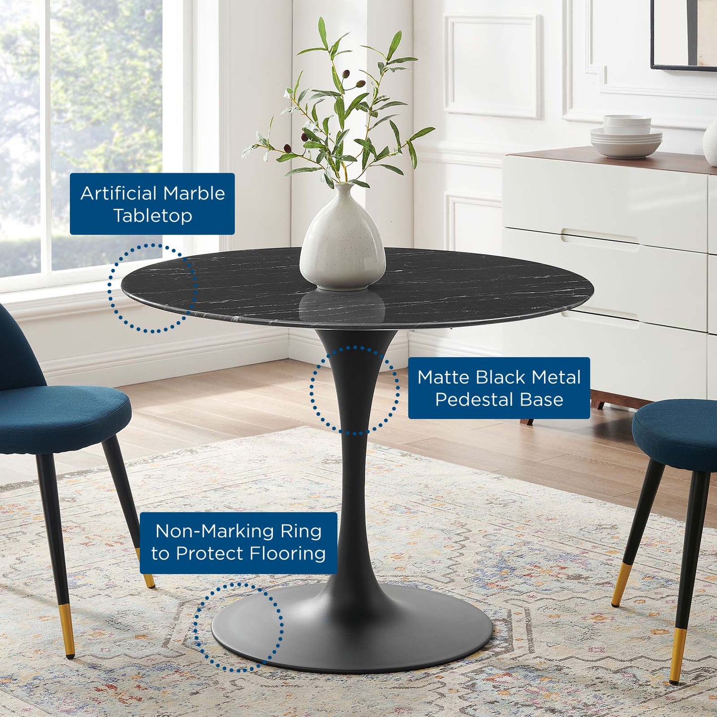 Lippa 40" Artificial Marble Dining Table, Artificial Marble, Metal Steel, Black, 20665