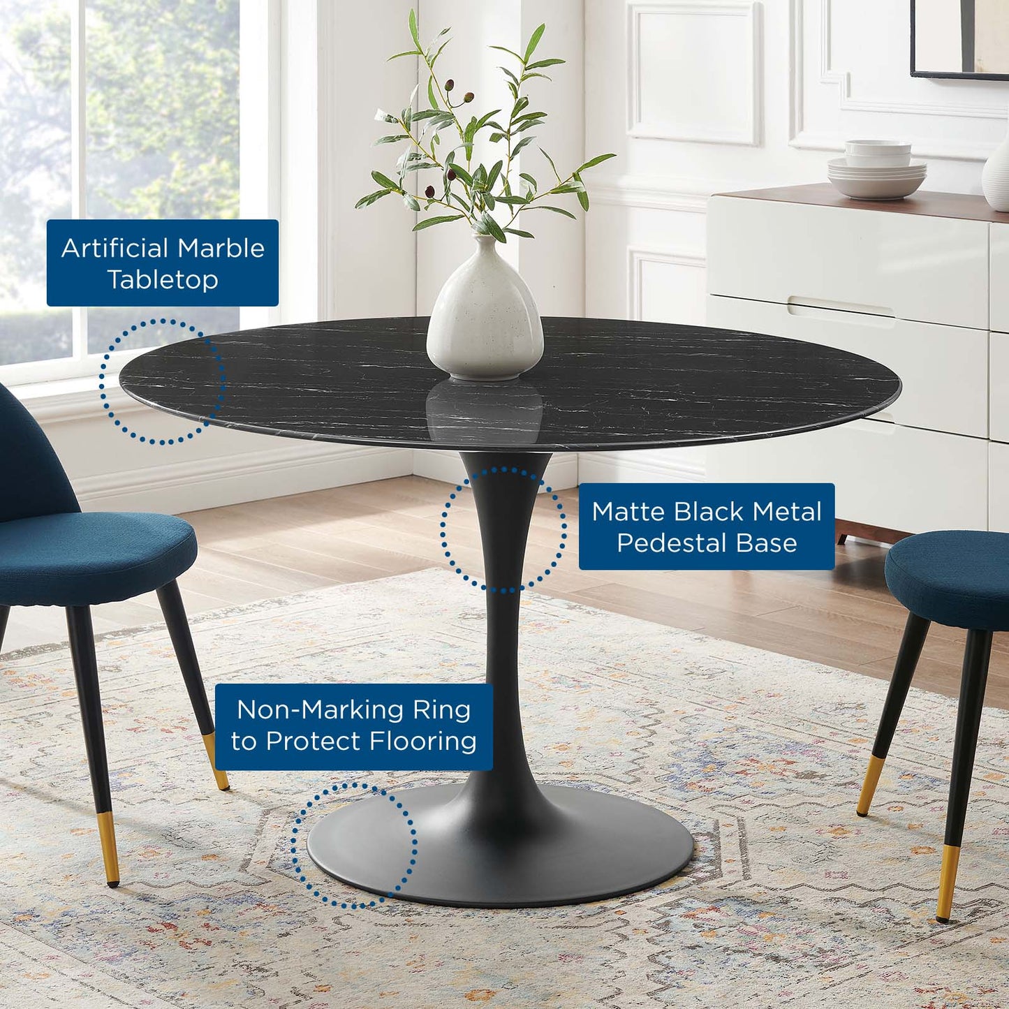 Lippa 47" Artificial Marble Dining Table, Artificial Marble, Metal Steel, Black, 20666