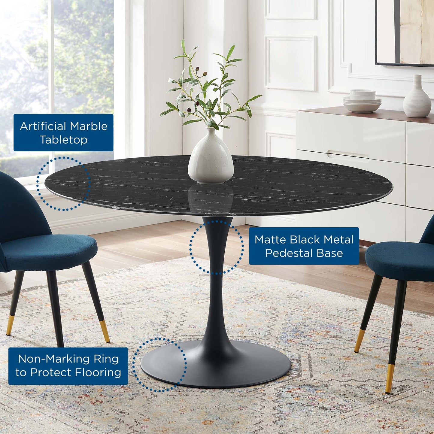 Lippa 54" Artificial Marble Dining Table, Artificial Marble, Metal Steel, Black, 20667