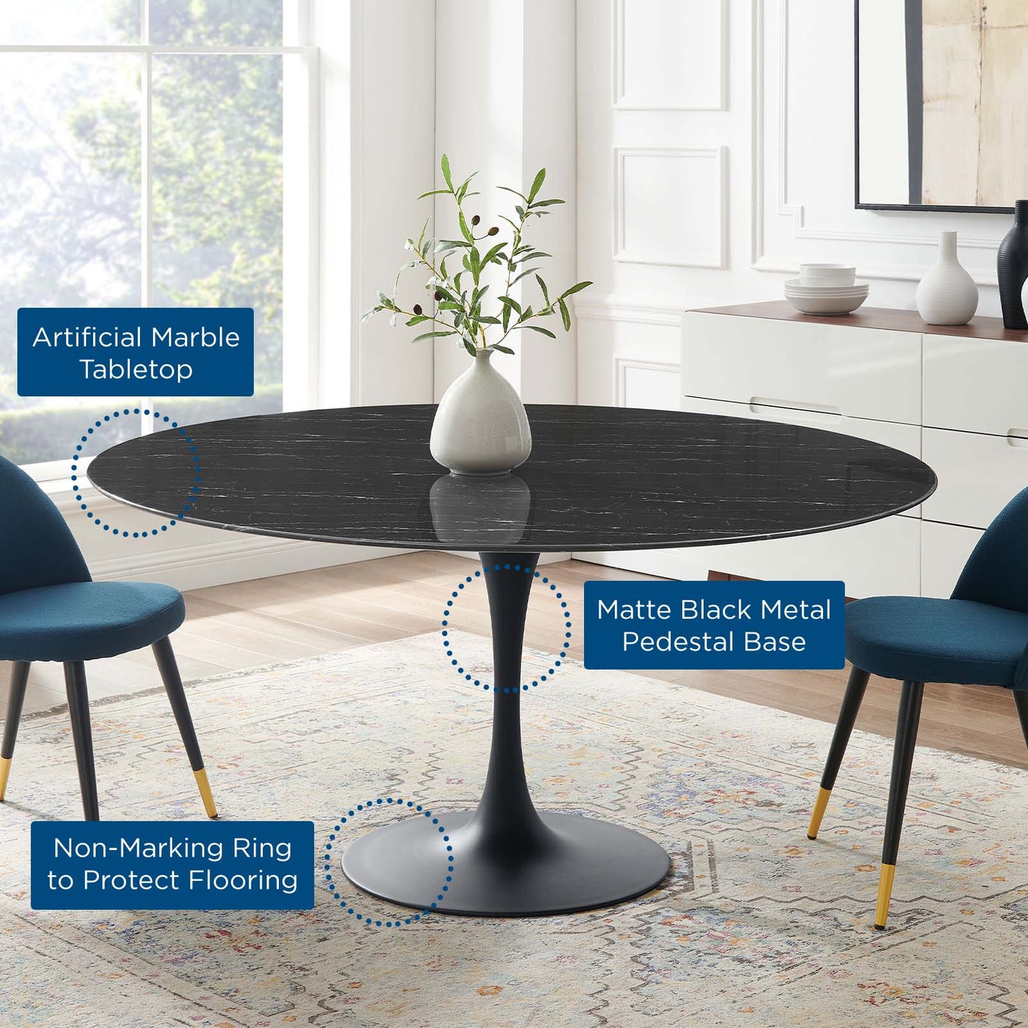 Lippa 60" Artificial Marble Dining Table, Artificial Marble, Metal Steel, Black, 20668