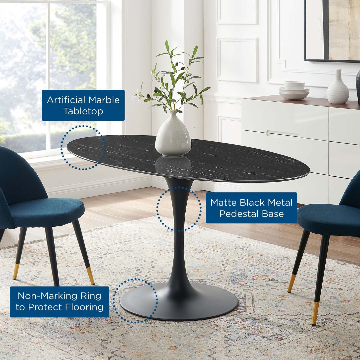 Lippa 60" Artificial Marble Oval Dining Table, Artificial Marble, Metal Steel, Black, 20670