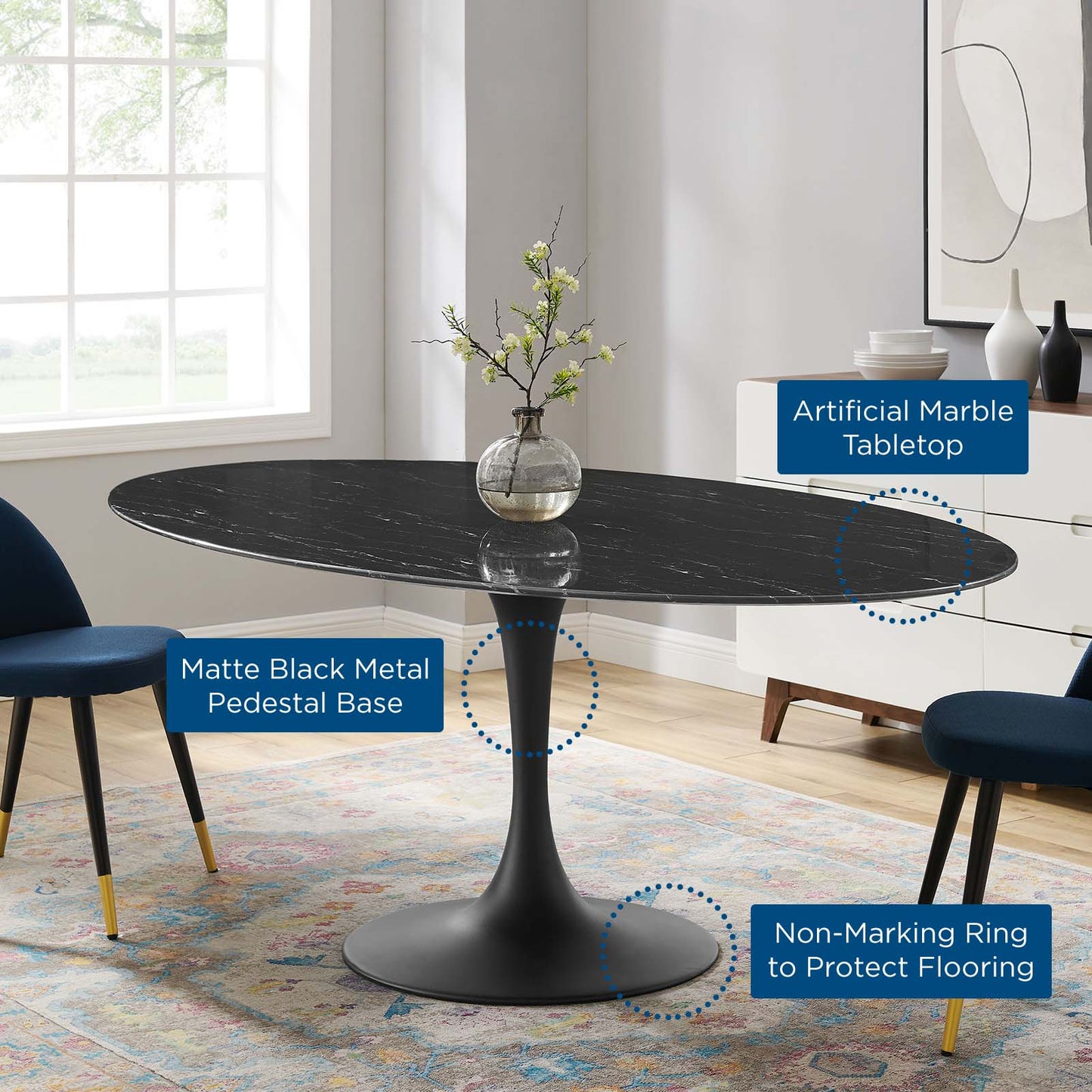 Lippa 78" Oval Artificial Marble Dining Table, Artificial Marble, Metal Steel, Black, 20682