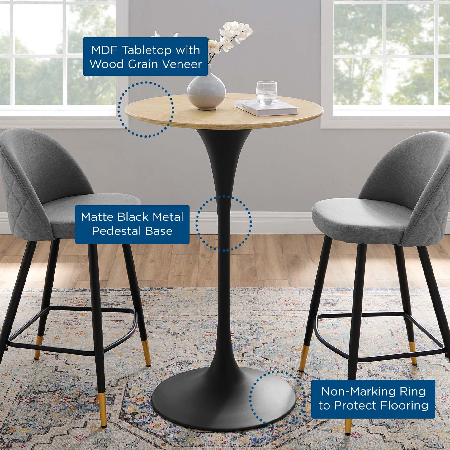 Lippa 28" Wood Bar Table, Wood, Metal Steel, Balck Brown Natural, 20684