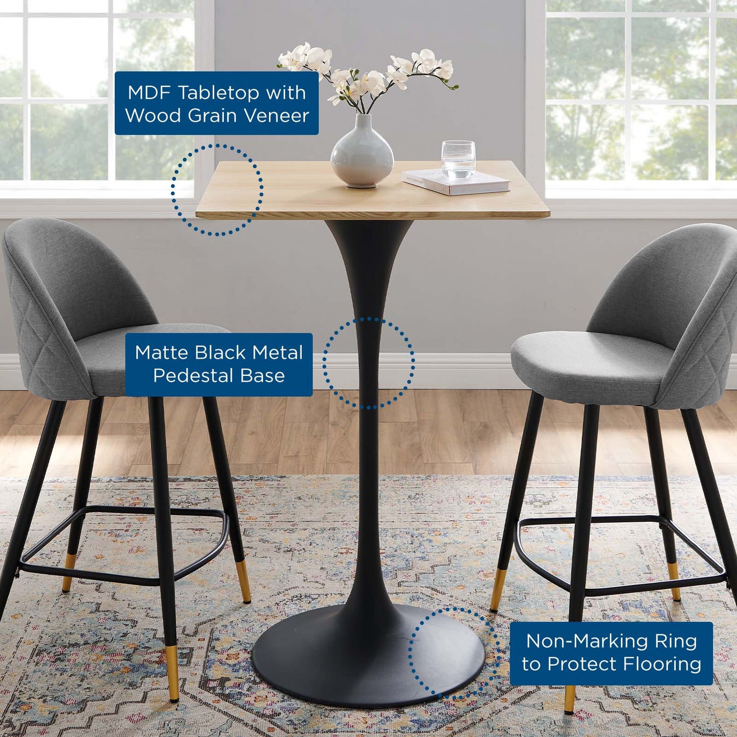 Lippa 28" Square Wood Bar Table, Wood, Metal Steel, Balck Brown Natural, 20686