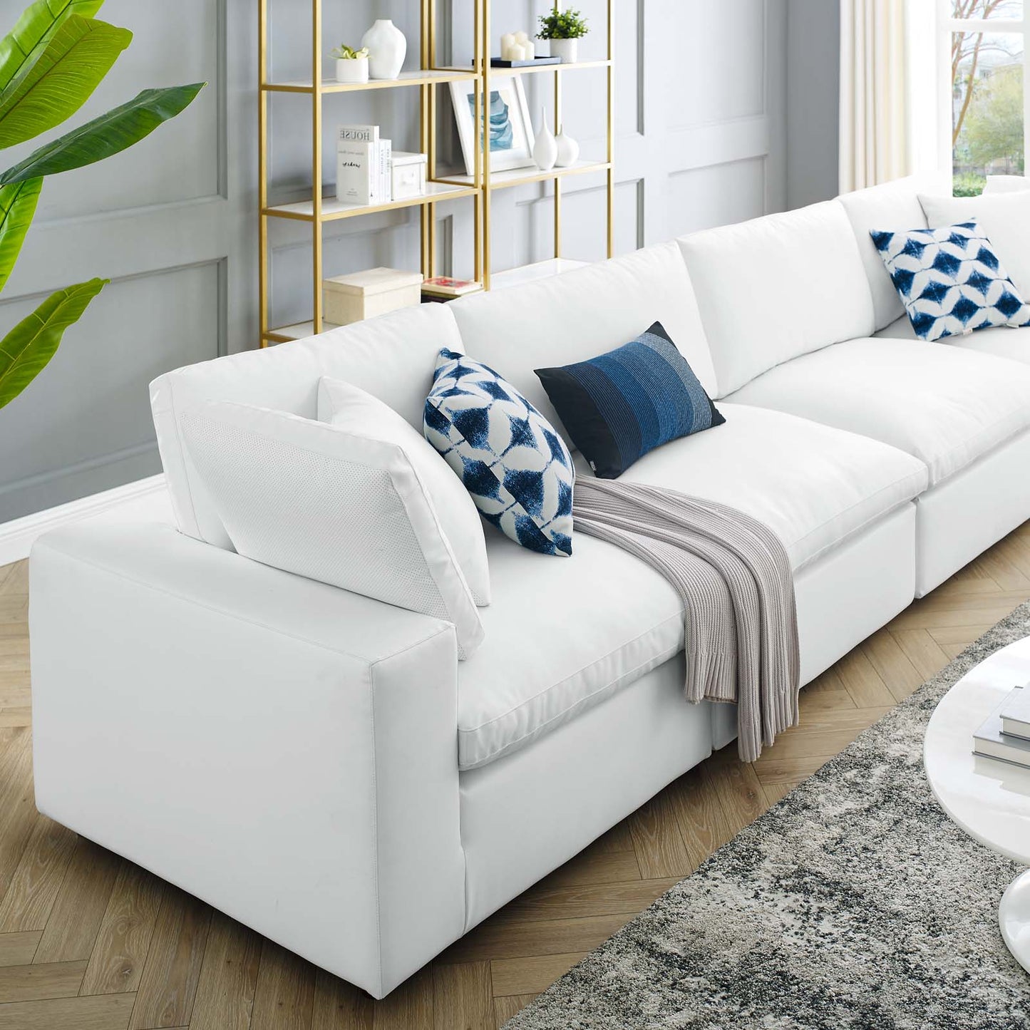 Commix Down Filled Overstuffed Vegan Leather 4-Seater Sofa, Faux Vegan Leather, White, 20705