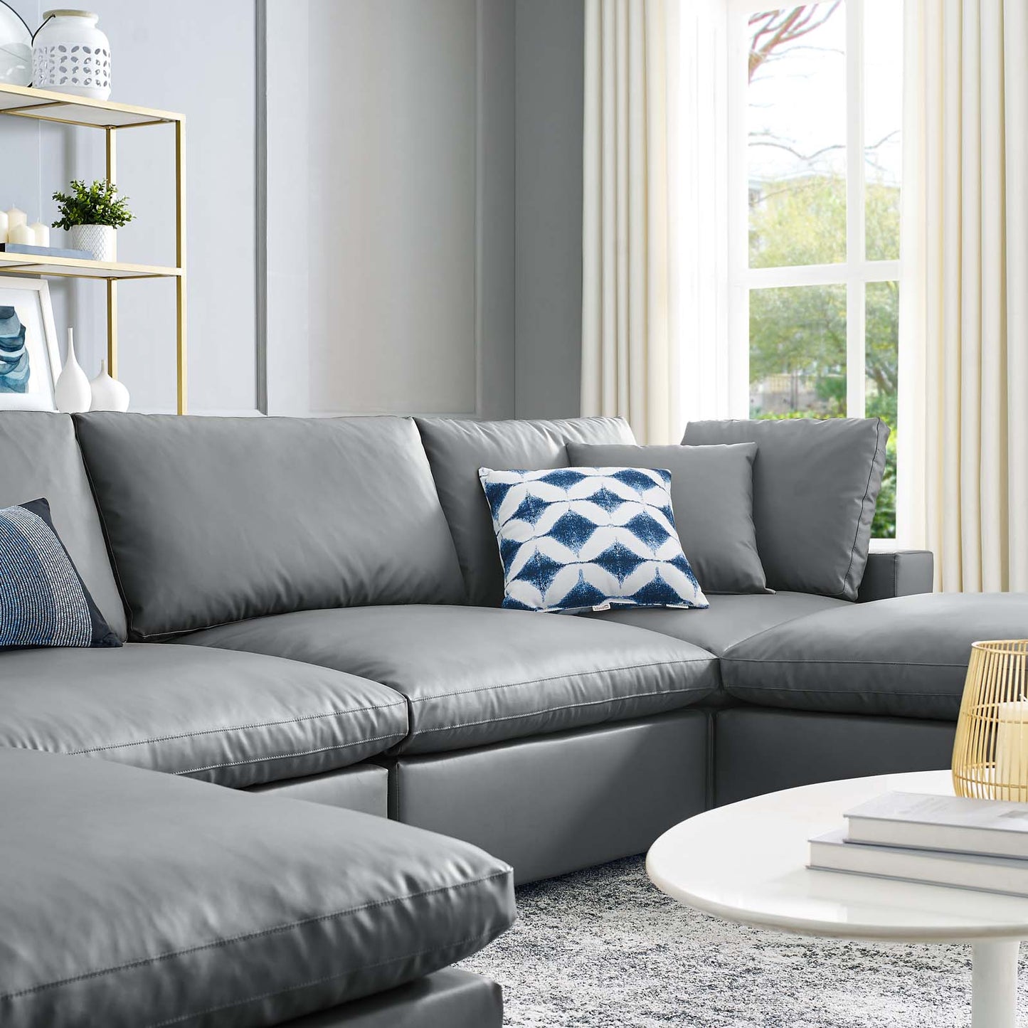 Commix Down Filled Overstuffed Vegan Leather 6-Piece Sectional Sofa, Faux Vegan Leather, Grey Gray, 20709