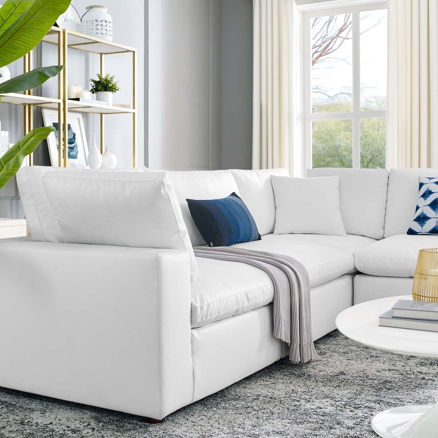 Commix Down Filled Overstuffed Vegan Leather 5-Piece Sectional Sofa, Faux Vegan Leather, White, 20717