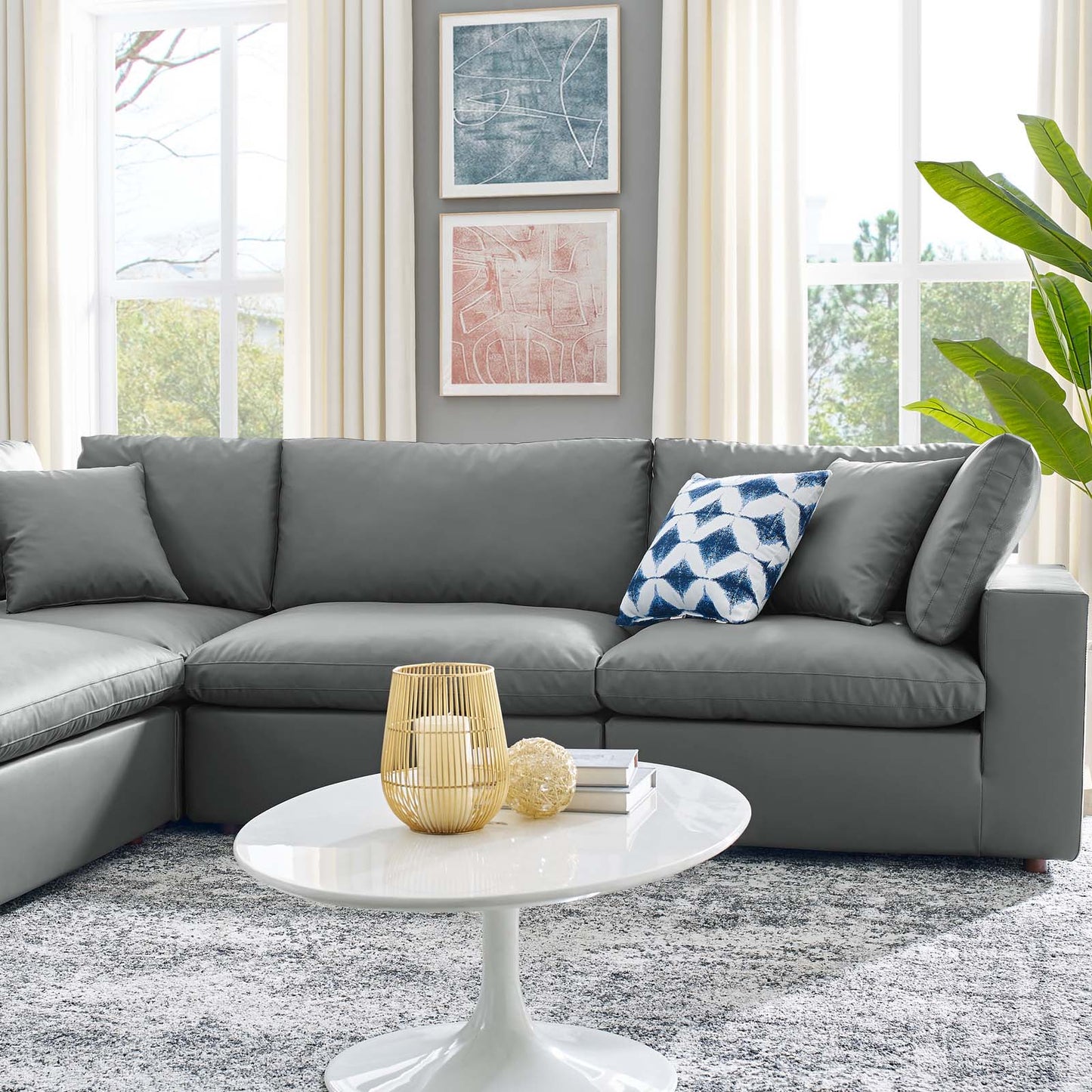 Commix Down Filled Overstuffed Vegan Leather 6-Piece Sectional Sofa, Faux Vegan Leather, Grey Gray, 20718