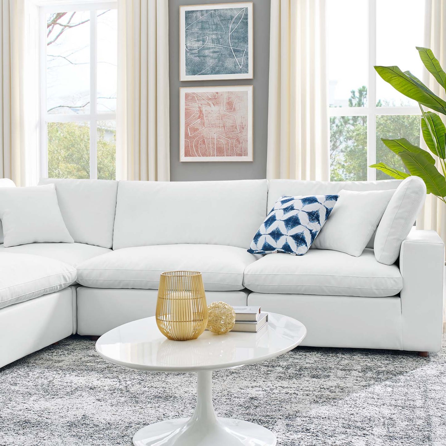 Commix Down Filled Overstuffed Vegan Leather 6-Piece Sectional Sofa, Faux Vegan Leather, White, 20720