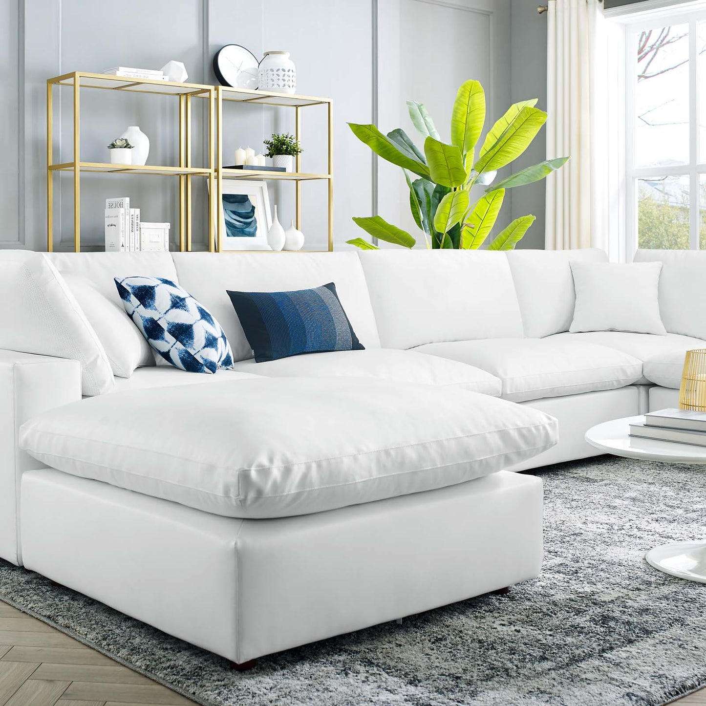 Commix Down Filled Overstuffed Vegan Leather 7-Piece Sectional Sofa, Faux Vegan Leather, White, 20723