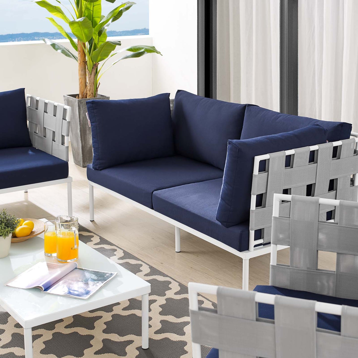 Harmony 5-Piece Sunbrella® Outdoor Patio Aluminum Furniture Set, Aluminum, Metal, Steel, Grey Gray Blue Navy, 20730