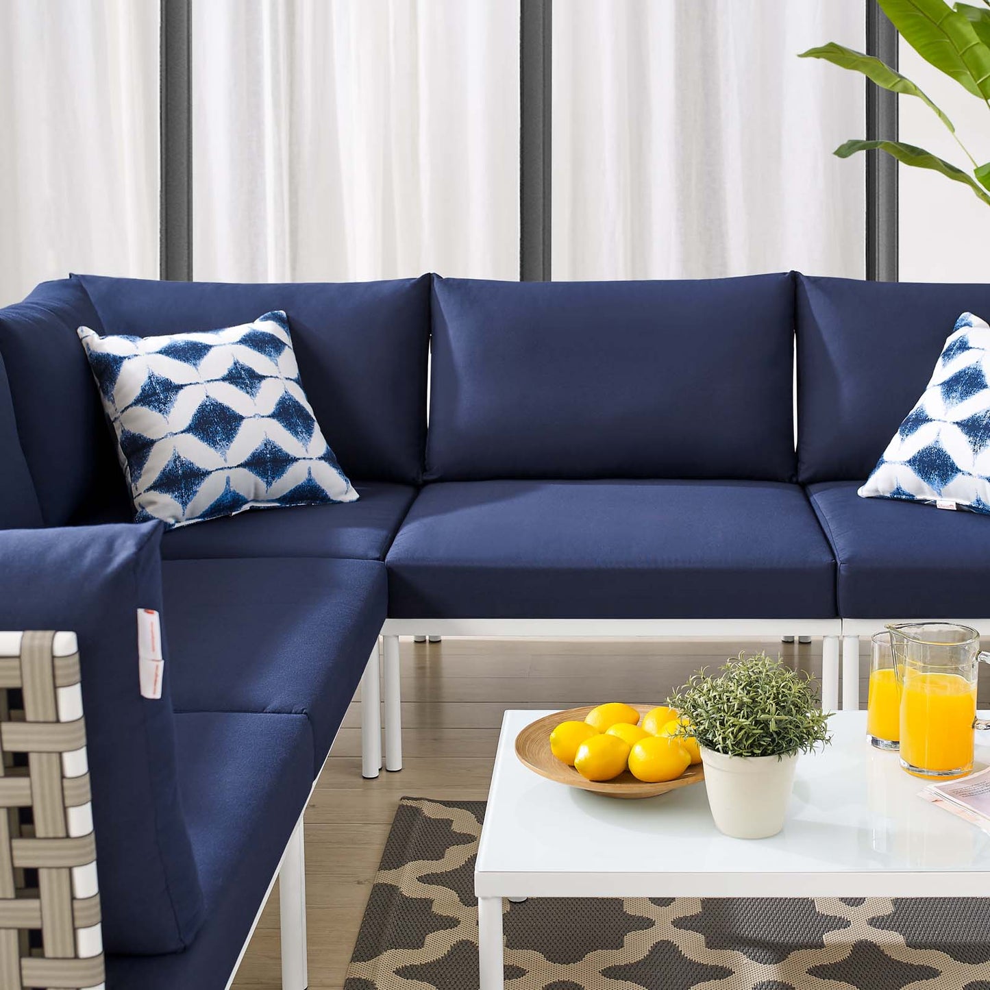 Harmony 6-Piece Sunbrella® Basket Weave Outdoor Patio Aluminum Sectional Sofa Set, Aluminum, Metal, Steel, Blue Navy, 20734