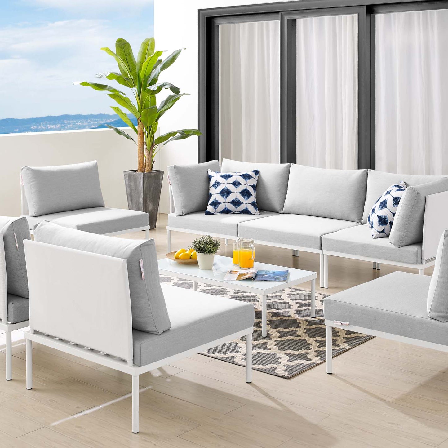 Harmony 8-Piece Sunbrella® Outdoor Patio Aluminum Sectional Sofa Set, Aluminum, Metal, Steel, White Grey Gray, 20759