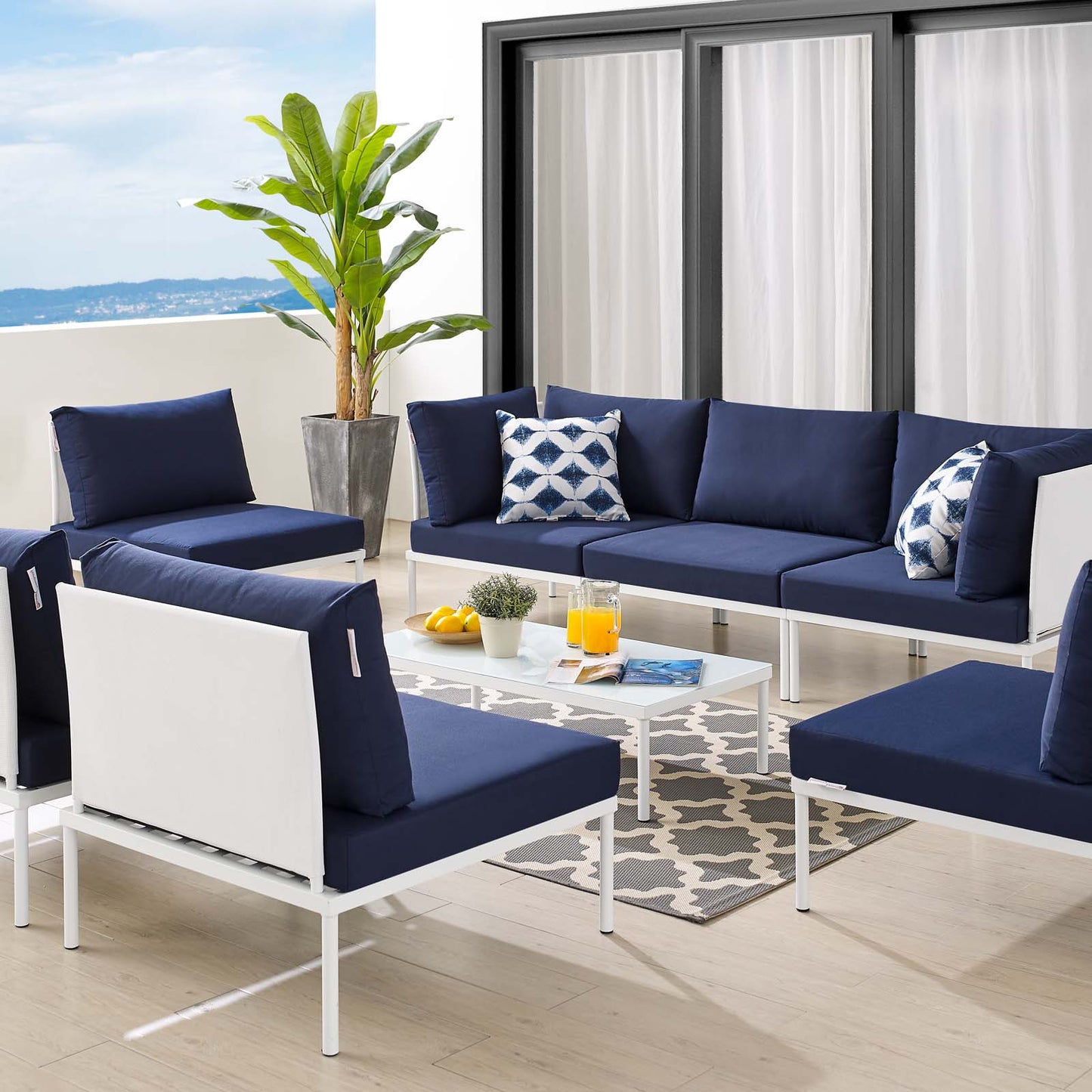 Harmony 8-Piece Sunbrella® Outdoor Patio Aluminum Sectional Sofa Set, Aluminum, Metal, Steel, White Blue Navy, 20760