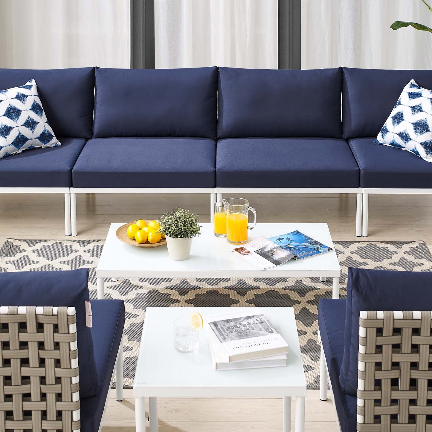 Harmony 8-Piece Sunbrella® Basket Weave Outdoor Patio Aluminum Sectional Sofa Set, Aluminum, Metal, Steel, Blue Navy, 20766