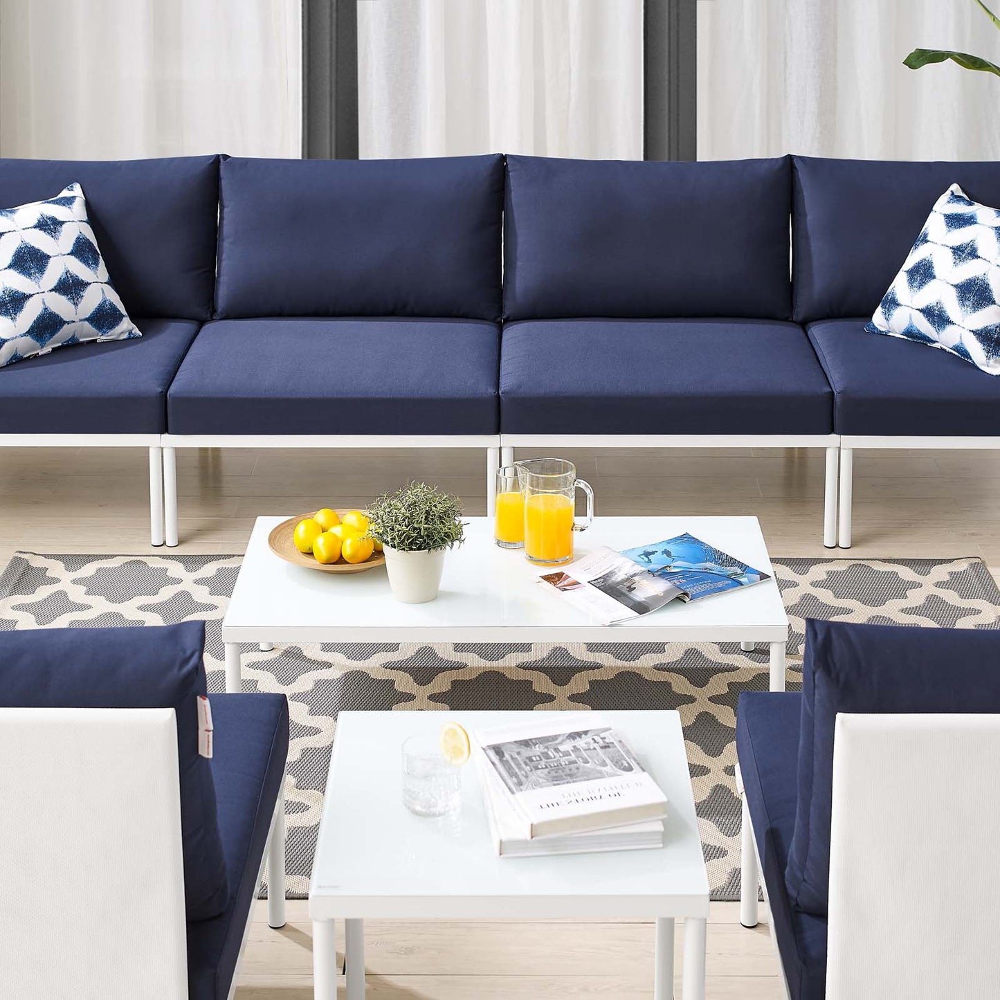 Harmony 8-Piece Sunbrella® Outdoor Patio Aluminum Sectional Sofa Set, Aluminum, Metal, Steel, White Blue Navy, 20768