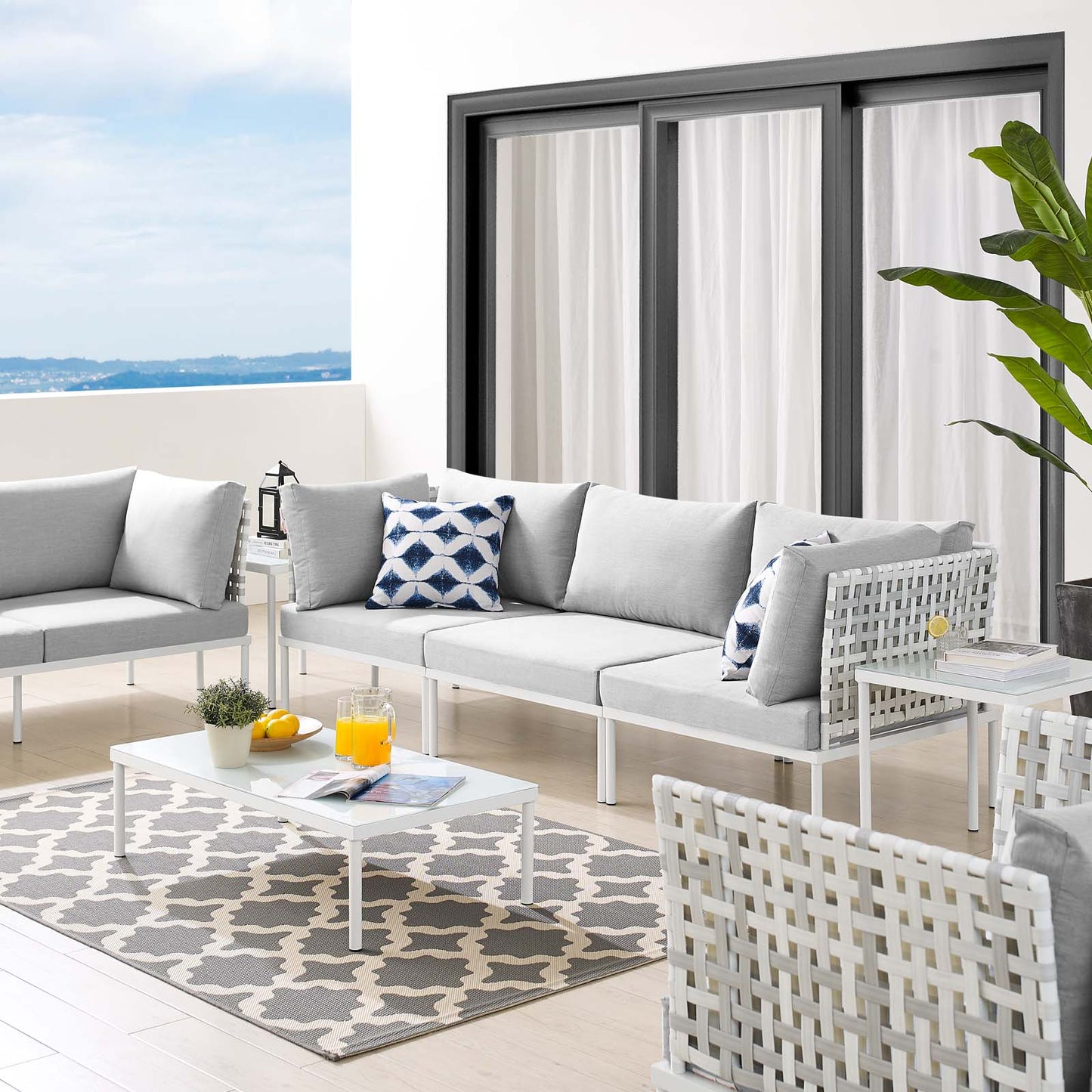 Harmony 8-Piece Sunbrella® Basket Weave Outdoor Patio Aluminum Seating Set, Aluminum, Metal, Steel, Grey Gray, 20771
