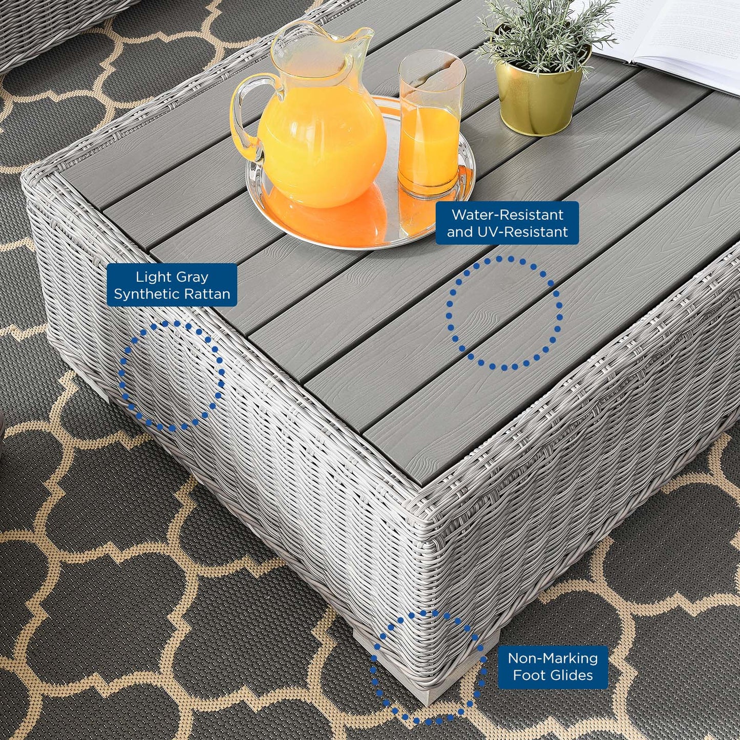 Conway 5-Piece Outdoor Patio Wicker Rattan Furniture Set, Rattan, Wicker, Light Grey Gray White, 23380