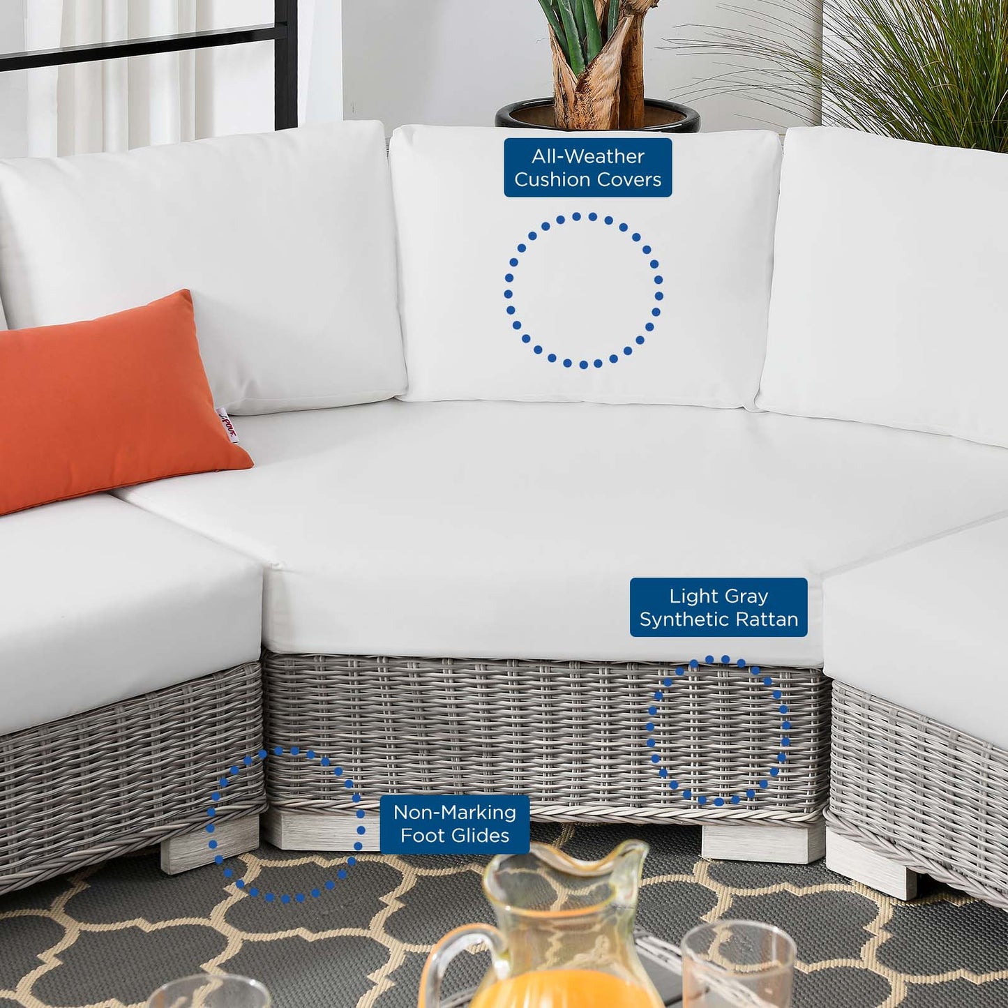 Conway Outdoor Patio Wicker Rattan 6-Piece Sectional Sofa Furniture Set, Rattan, Wicker, Light Grey Gray White, 23388