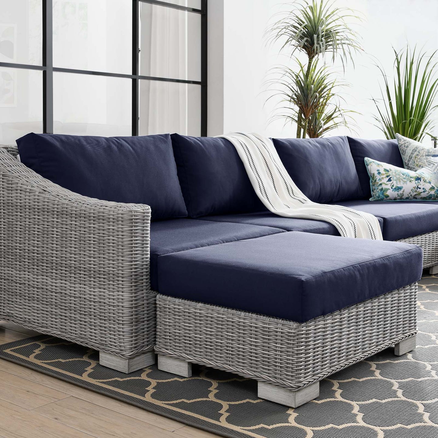 Conway Outdoor Patio Wicker Rattan 6-Piece Sectional Sofa Furniture Set, Rattan, Wicker, Light Grey Gray Blue Navy, 23407
