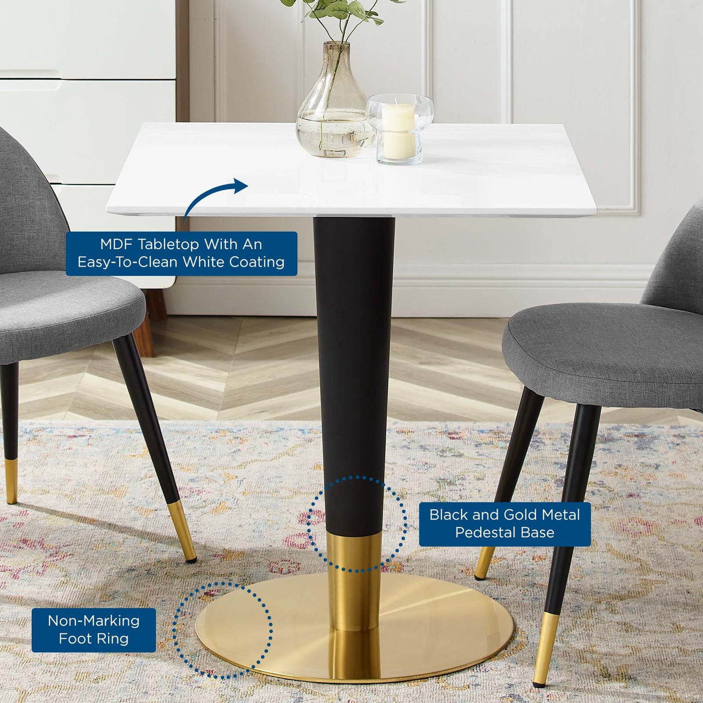 Zinque 28" Square Dining Table, Wood, Metal Steel, Gold White, 20878