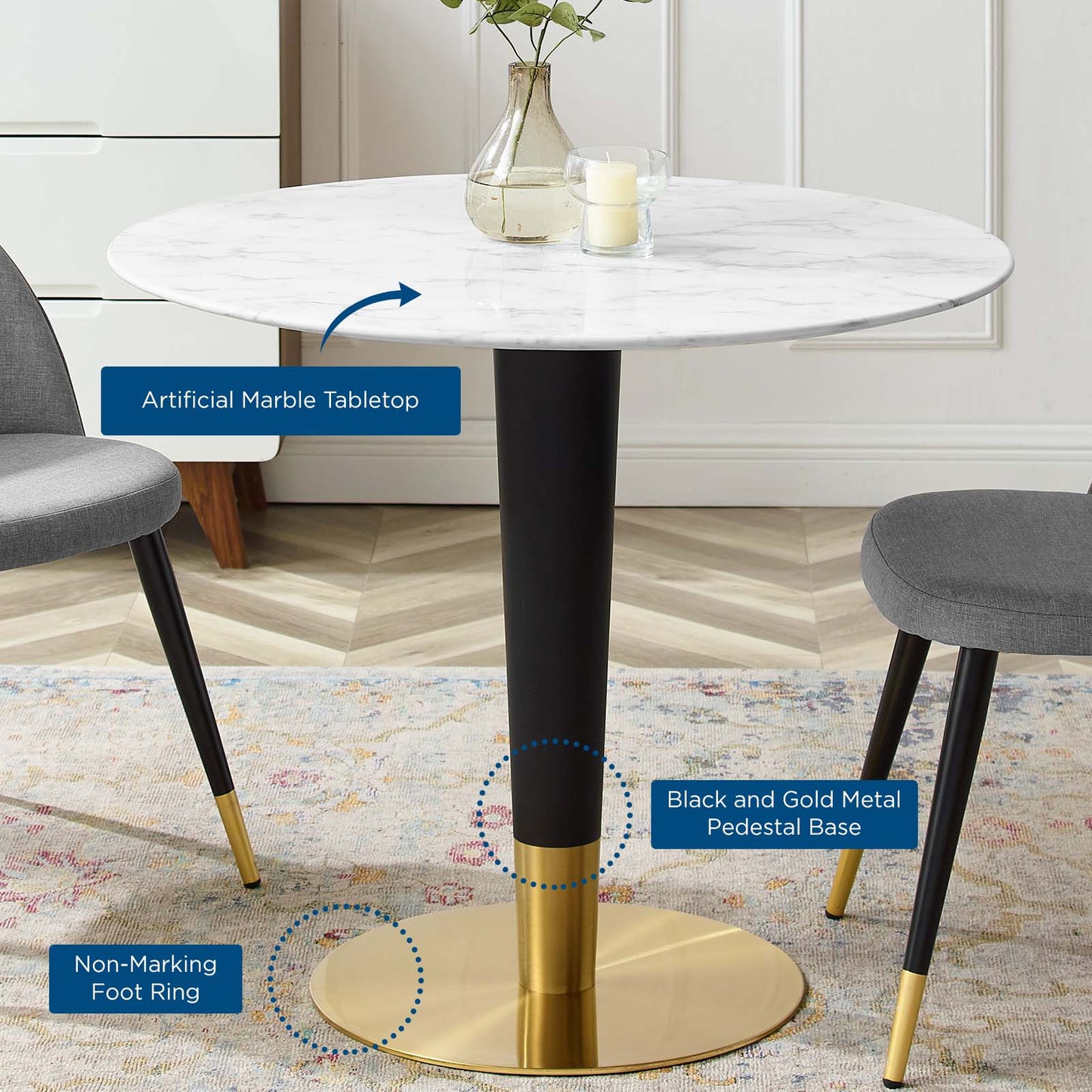 Zinque 36" Artificial Marble Dining Table, Artificial Marble, Metal Steel, Gold White, 20881