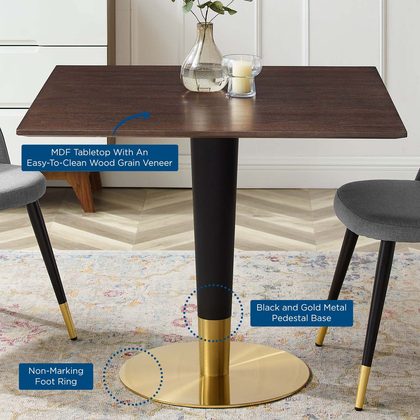 Zinque 36" Square Dining Table, Wood, Metal Steel, Gold Dark Brown Brown Walnut, 20886