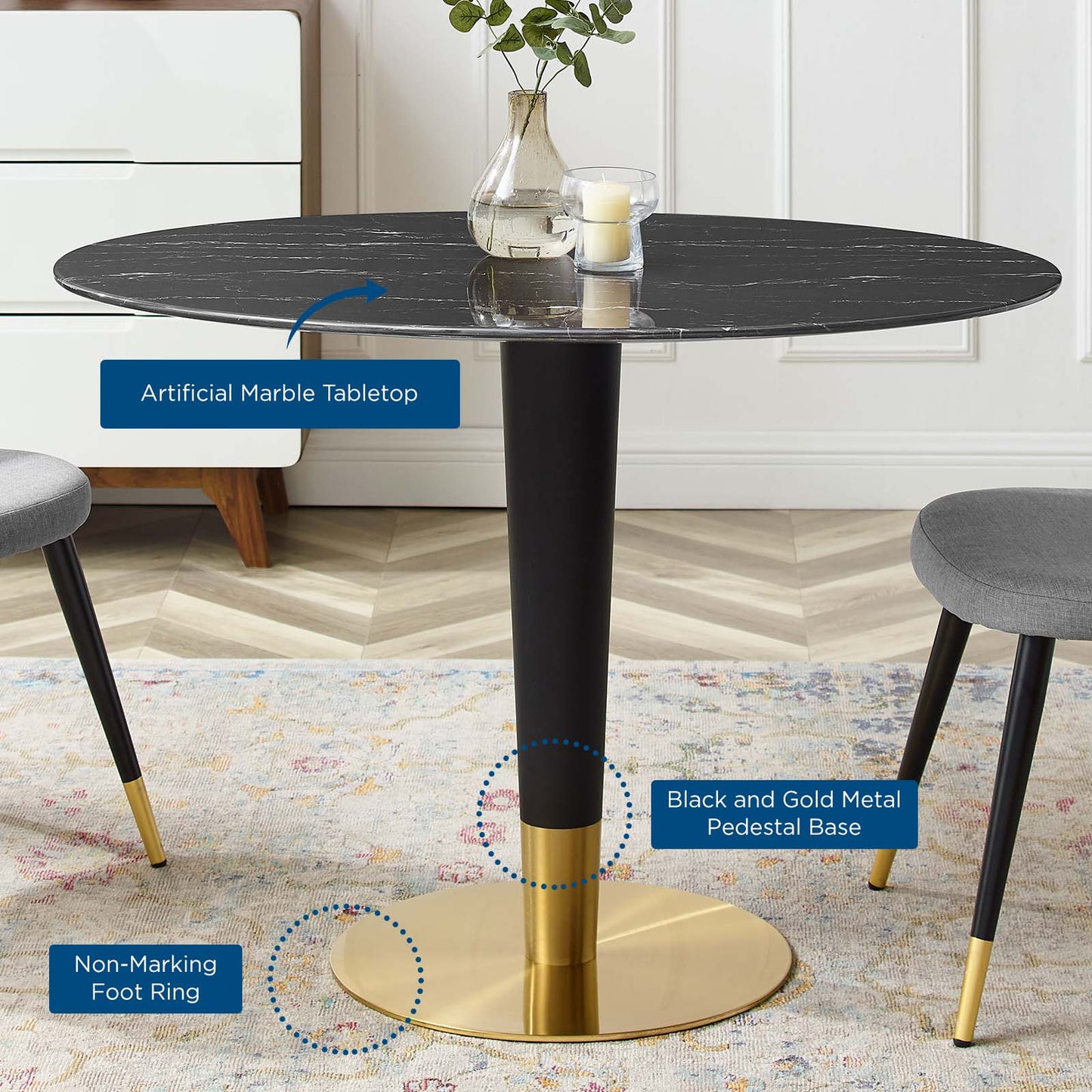 Zinque 42" Oval Artificial Marble Dining Table, Artificial Marble, Metal Steel, Gold Black, 20892
