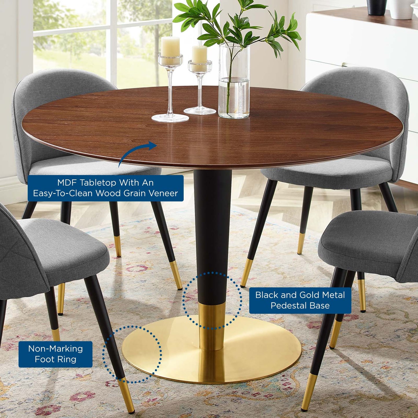 Zinque 47" Dining Table, Wood, Metal Steel, Gold Brown Brown Walnut, 20899