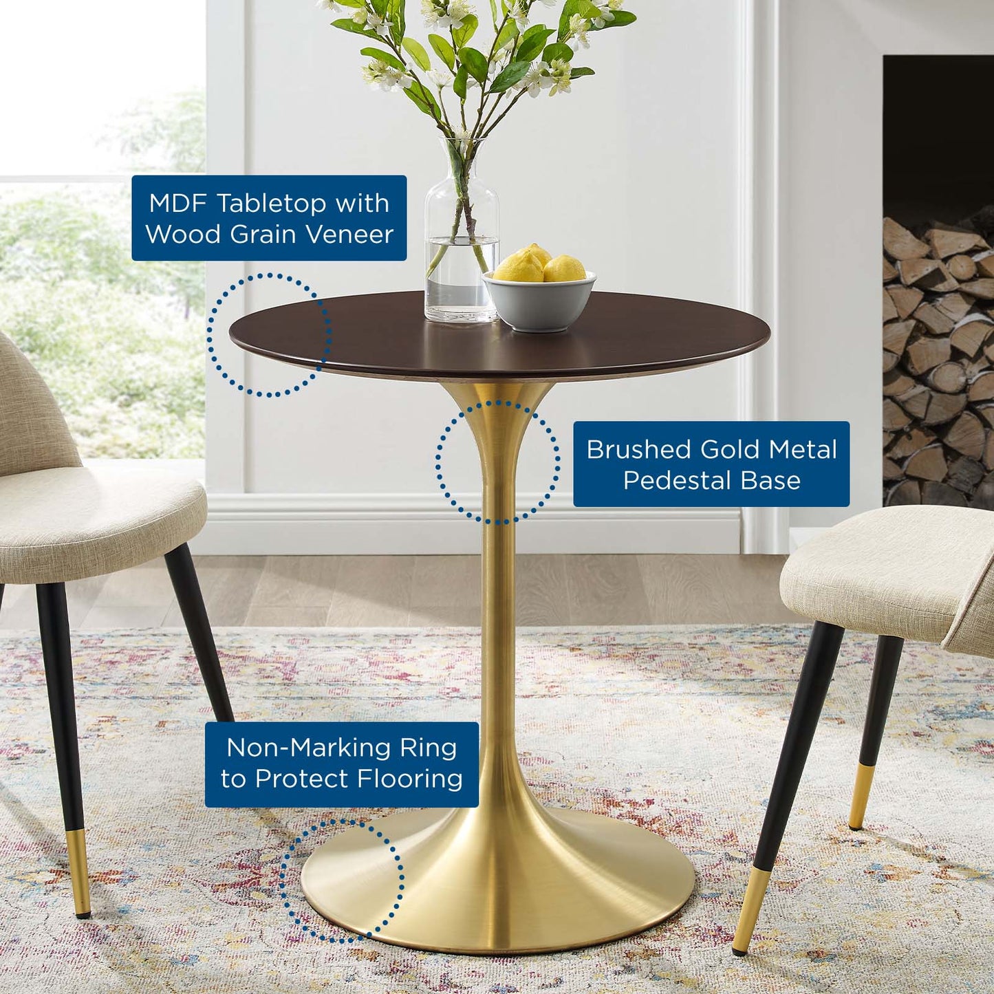 Lippa 28" Wood Dining Table, Wood, Gold Dark Brown Brown Walnut, 20910