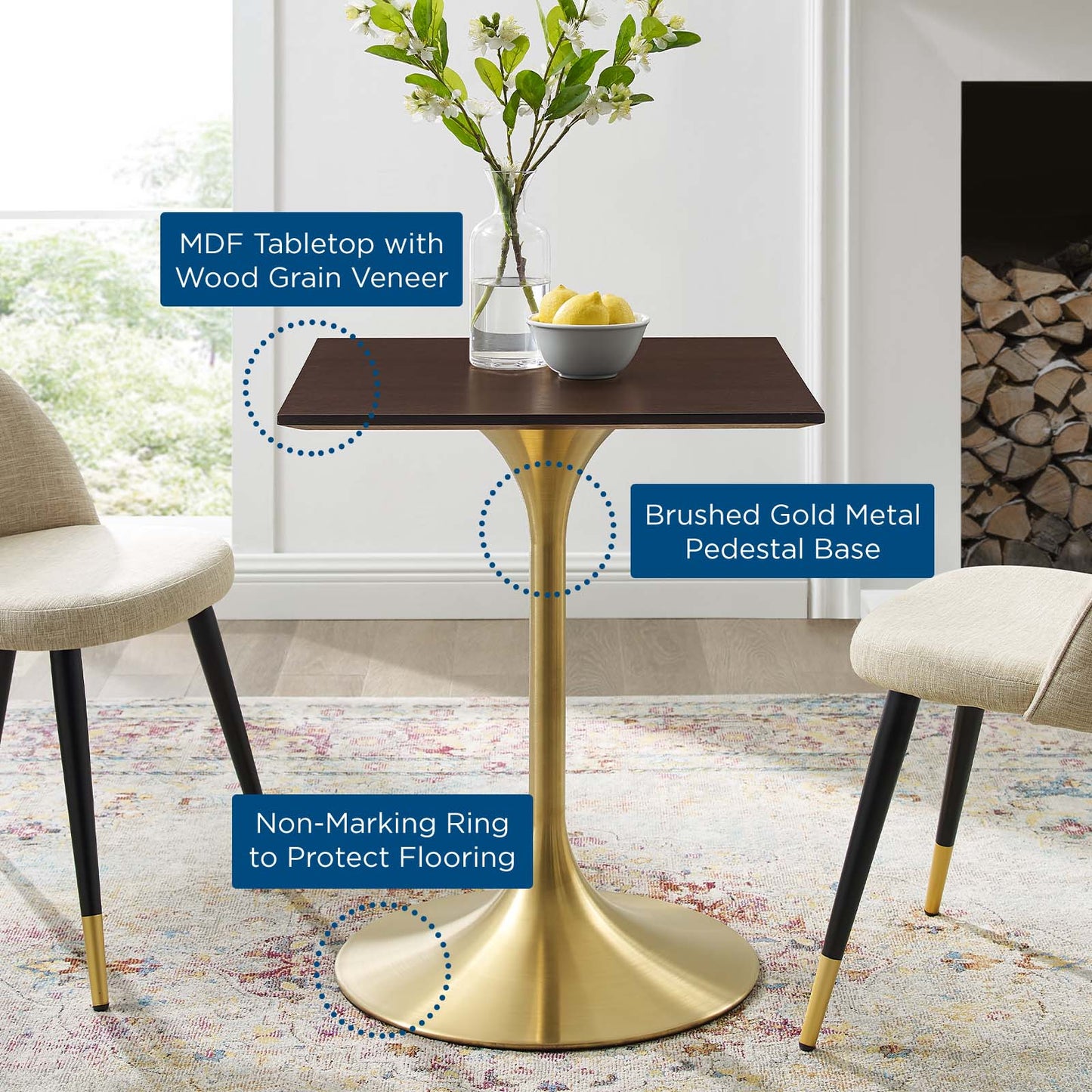 Lippa 24" Square Wood Dining Table, Wood, Gold Dark Brown Brown Walnut, 20916