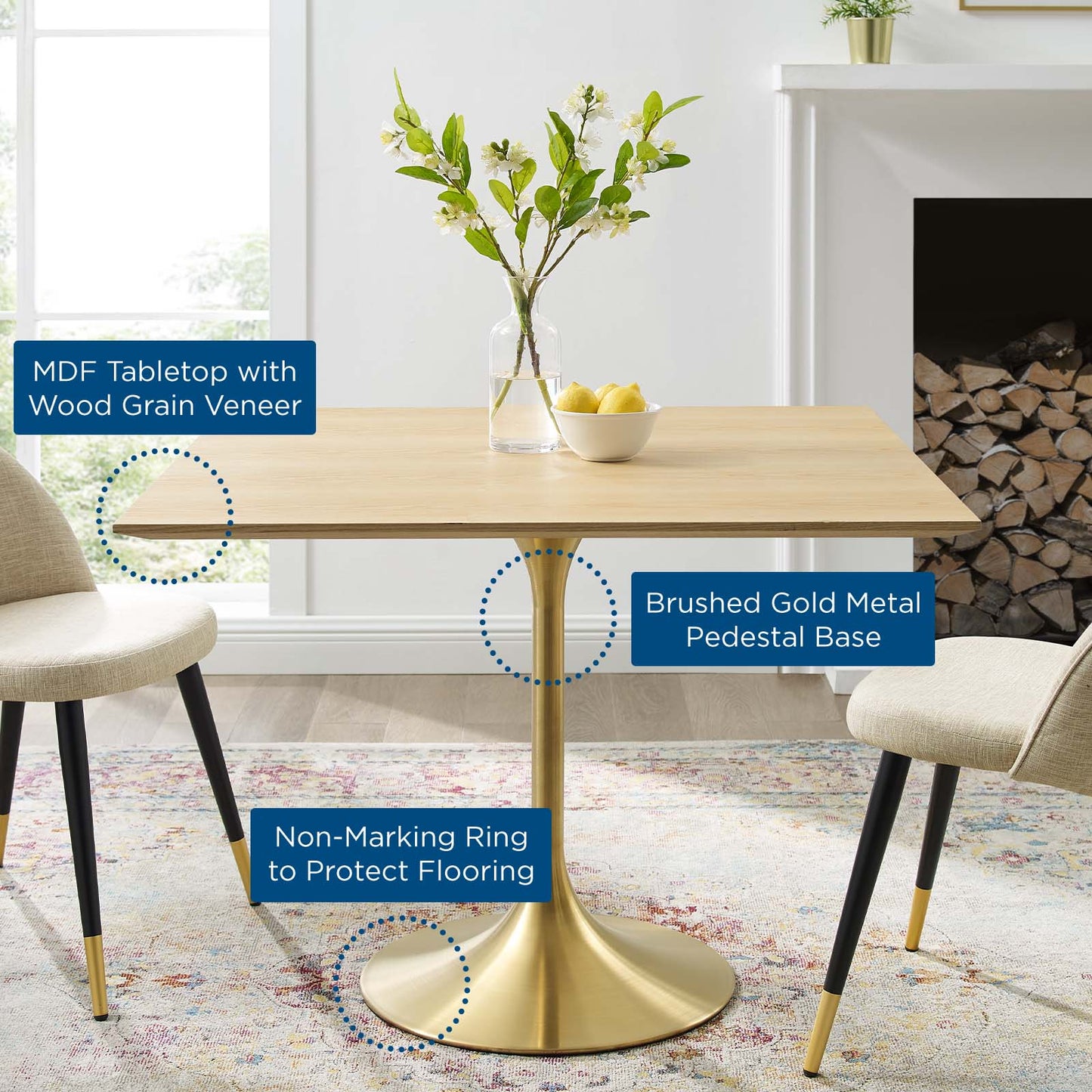 Lippa 36" Square Wood Dining Table, Wood, Gold Brown Natural, 20921