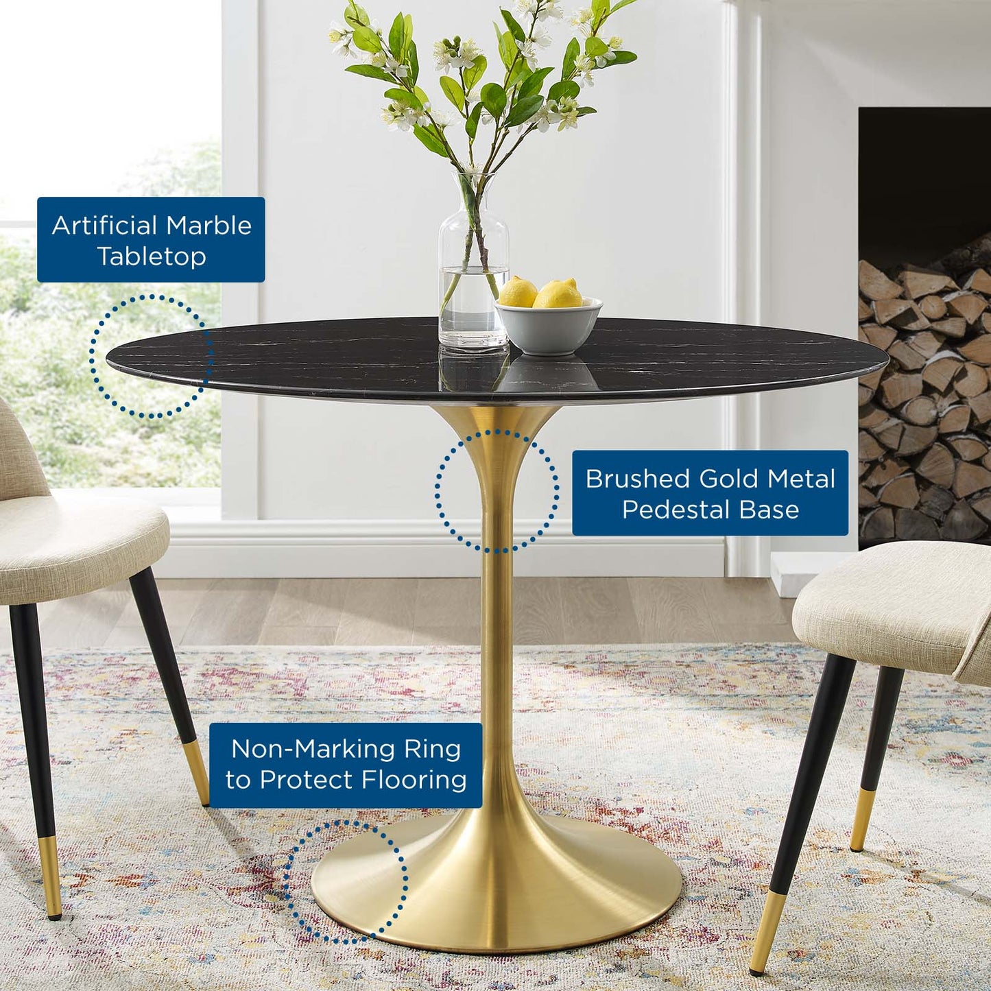 Lippa 42" Oval Artificial Marble Dining Table, Artificial Marble, Metal Steel, Gold Black, 20924