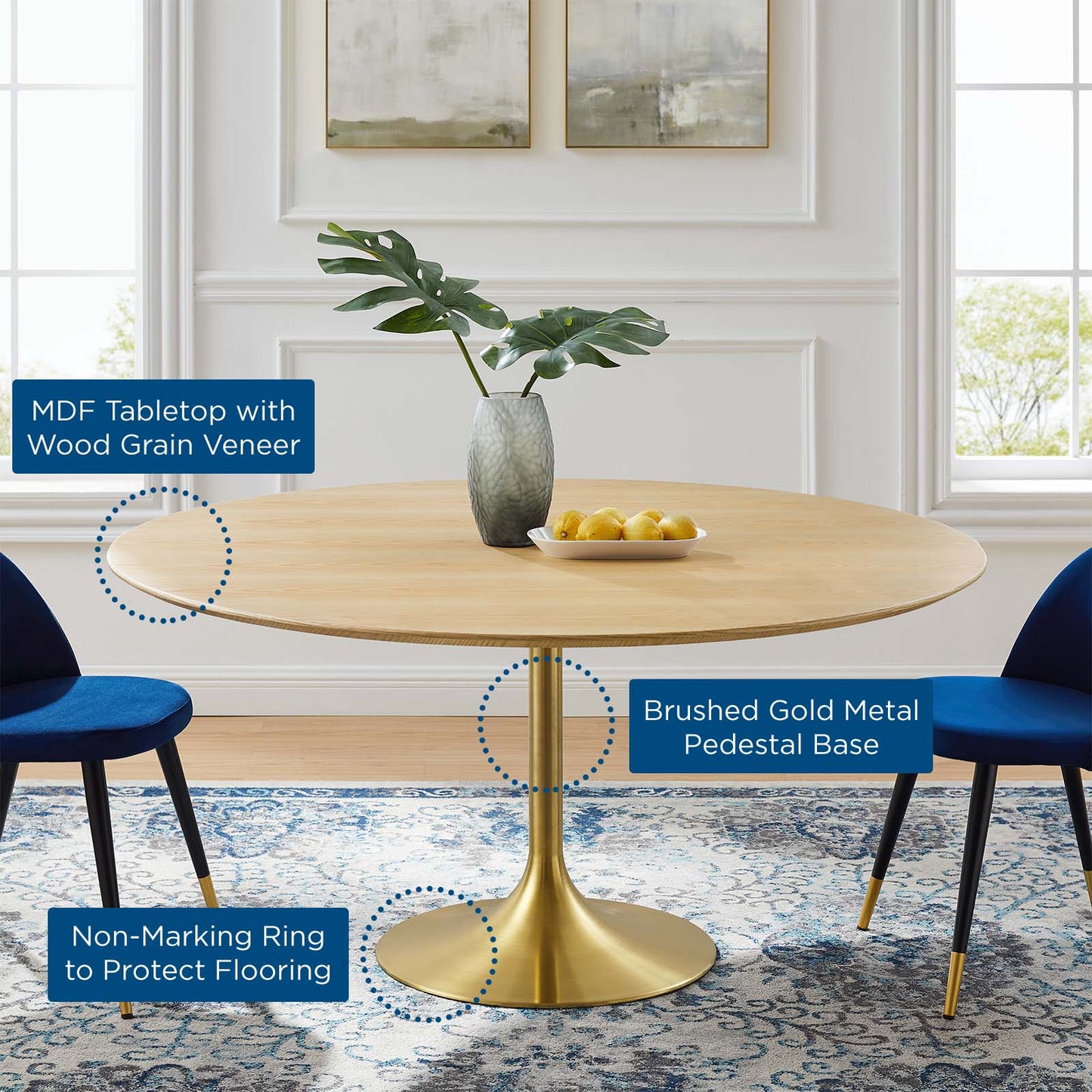 Lippa 60" Wood Dining Table, Wood, Gold Brown Natural, 20931