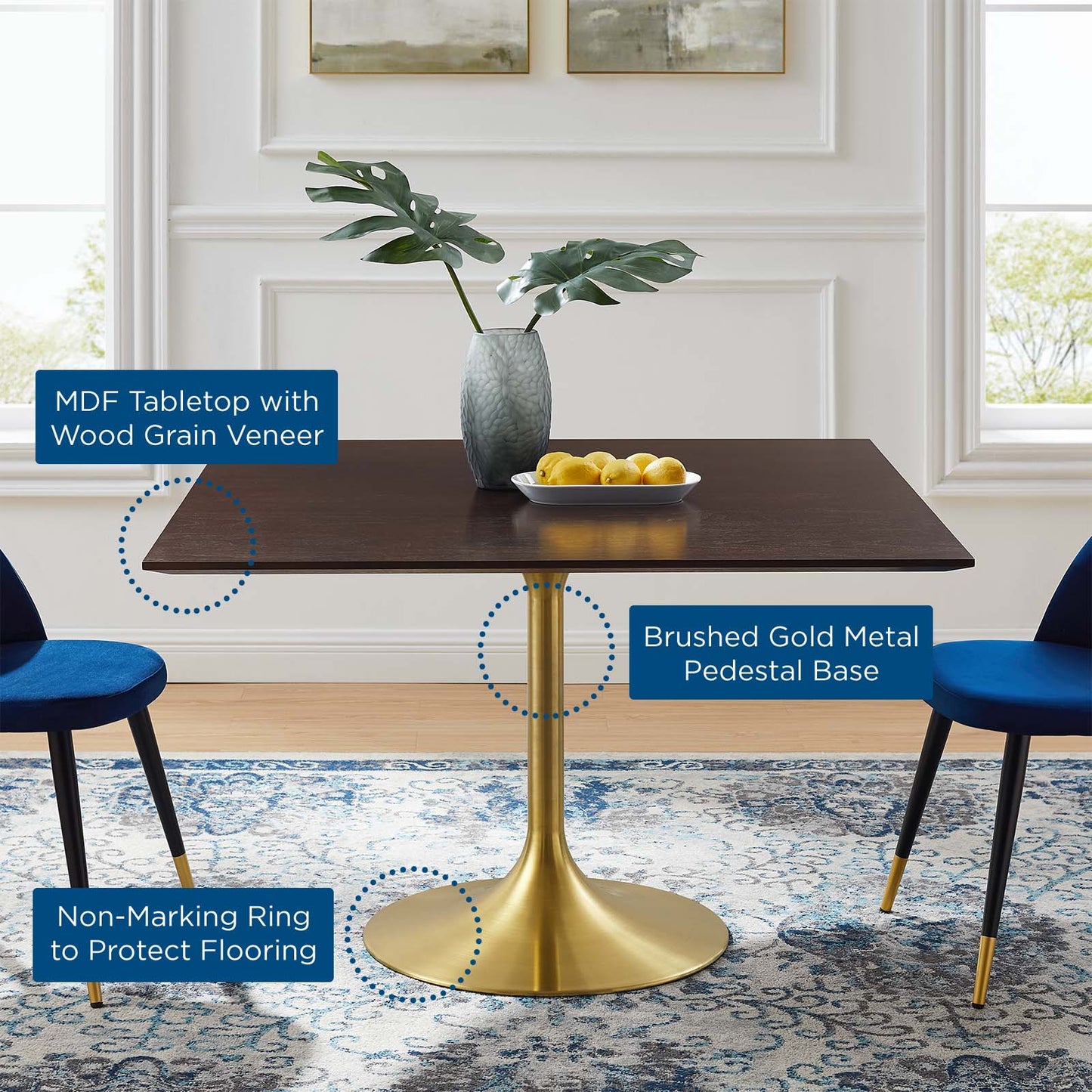 Lippa 47" Square Wood Dining Table, Wood, Gold Dark Brown Brown Walnut, 20934
